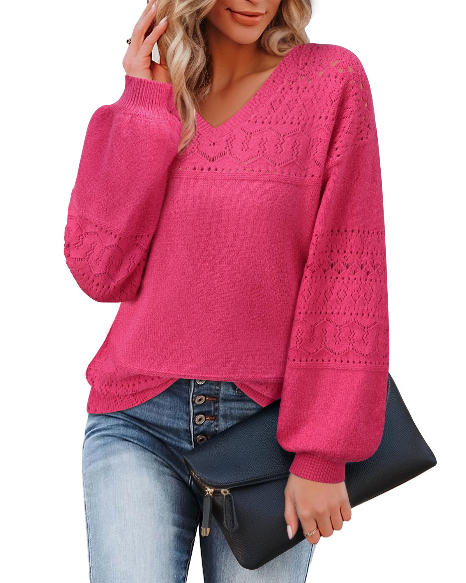 Foto 3 pulgar | Jersey Messic De Ganchillo Con Cuello En V Para Mujer, Color Rosa Intenso, Talla Xxl - Venta Internacional.