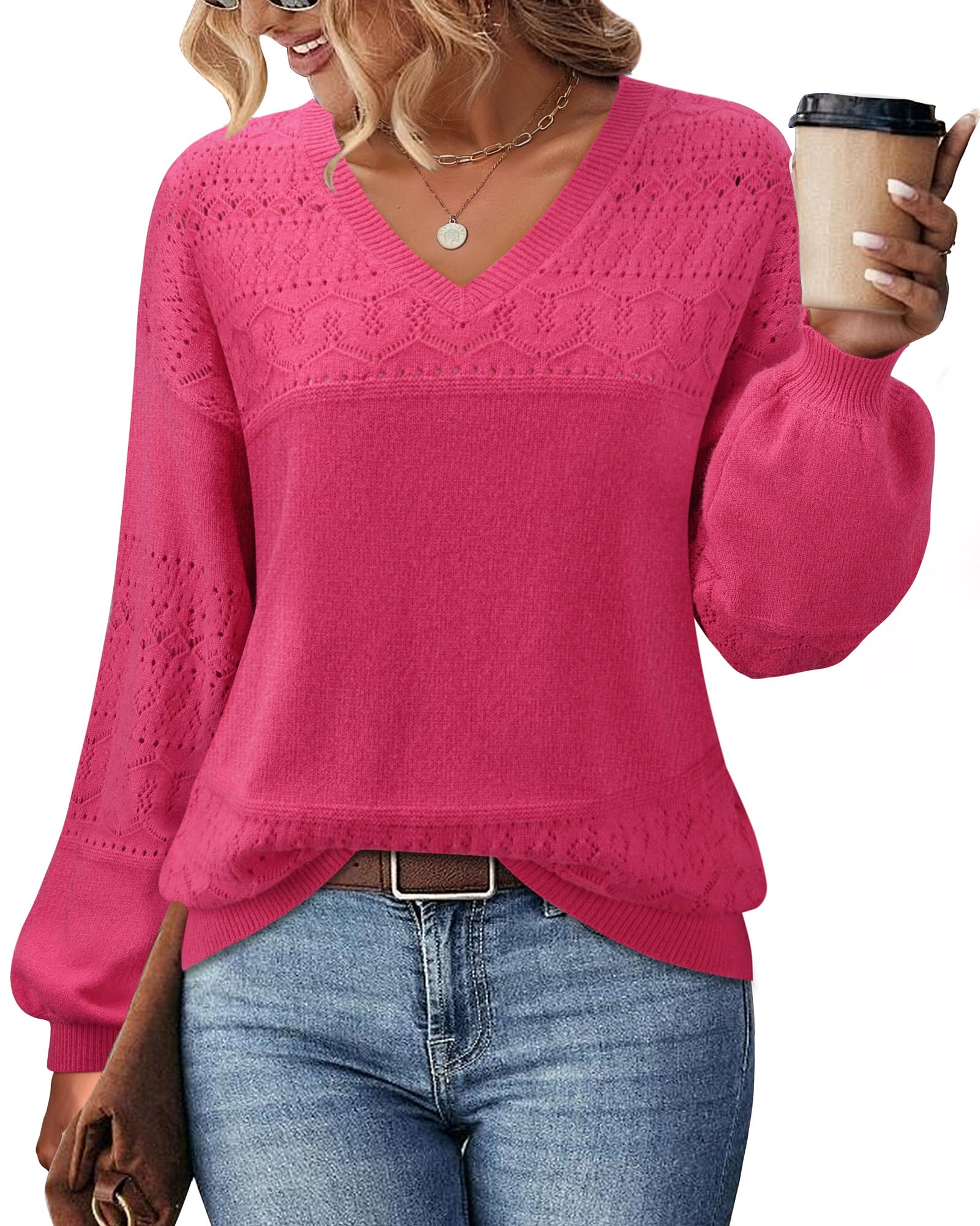 Foto 4 pulgar | Jersey Messic De Ganchillo Con Cuello En V Para Mujer, Color Rosa Intenso, Talla Xxl - Venta Internacional.