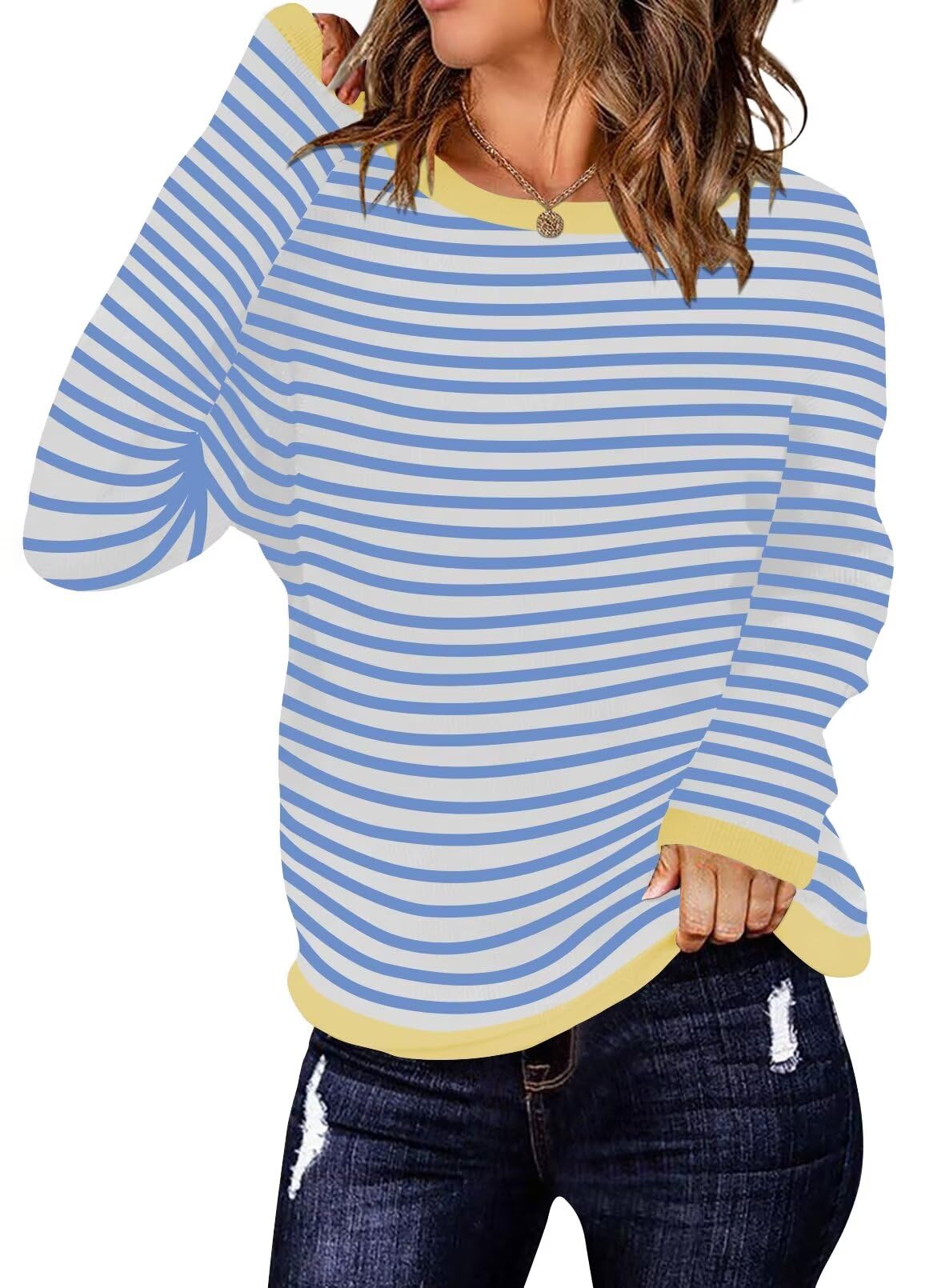 Foto 2 pulgar | Jersey Qacohu De Punto A Rayas Para Mujer, Rayas Azules, Talla M - Venta Internacional.