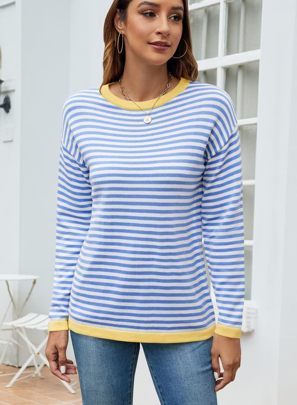 Foto 3 pulgar | Jersey Qacohu De Punto A Rayas Para Mujer, Rayas Azules, Talla M - Venta Internacional.