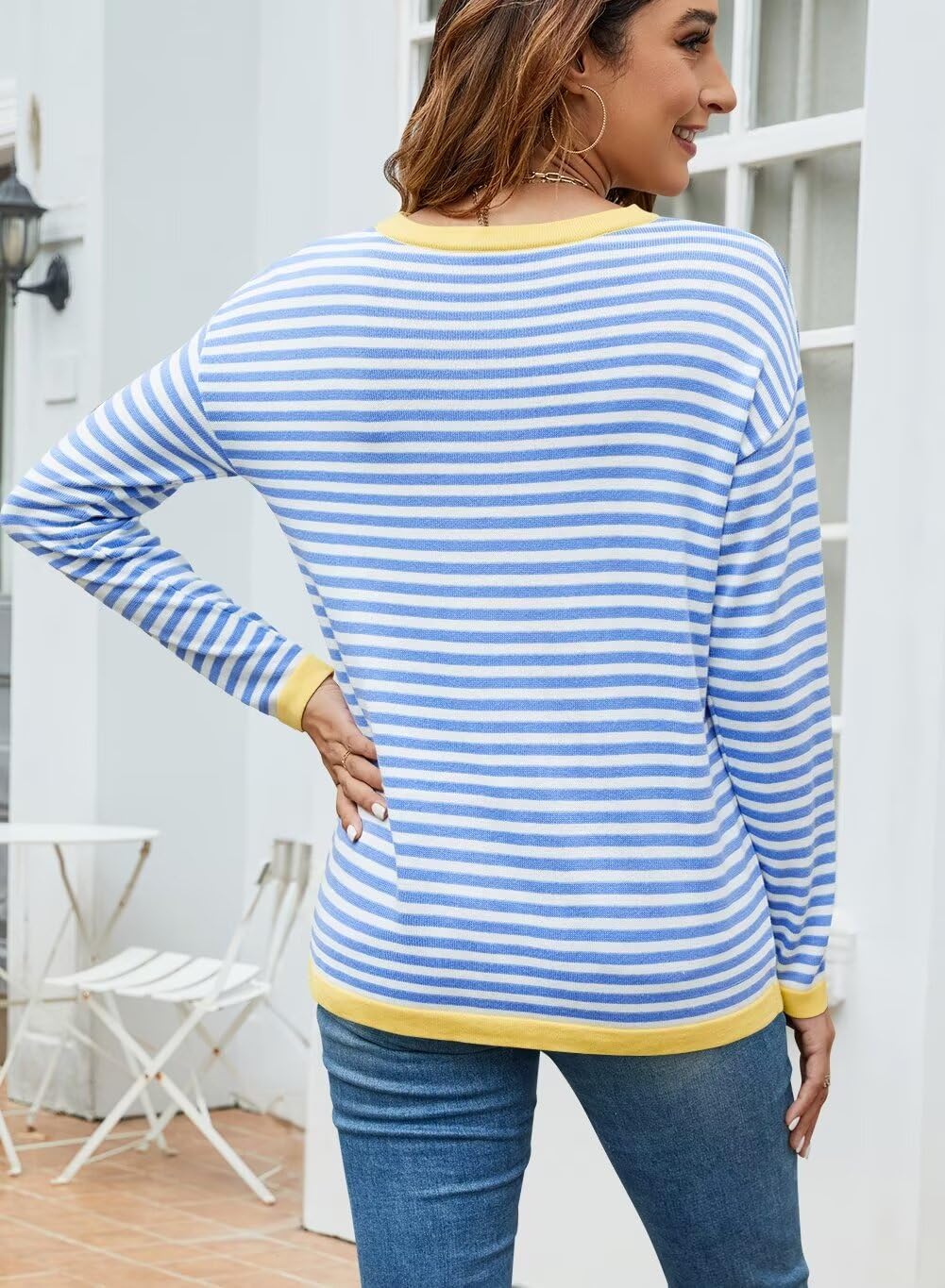 Foto 4 | Jersey Qacohu De Punto A Rayas Para Mujer, Rayas Azules, Talla M - Venta Internacional.