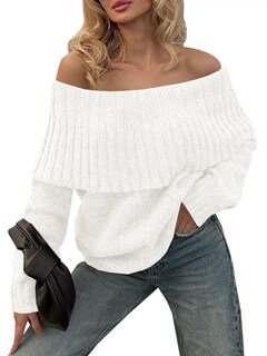 Foto 2 | Jersey Saodimallsu Con Hombros Descubiertos Para Mujer, Punto Holgado, Blanco - Venta Internacional.