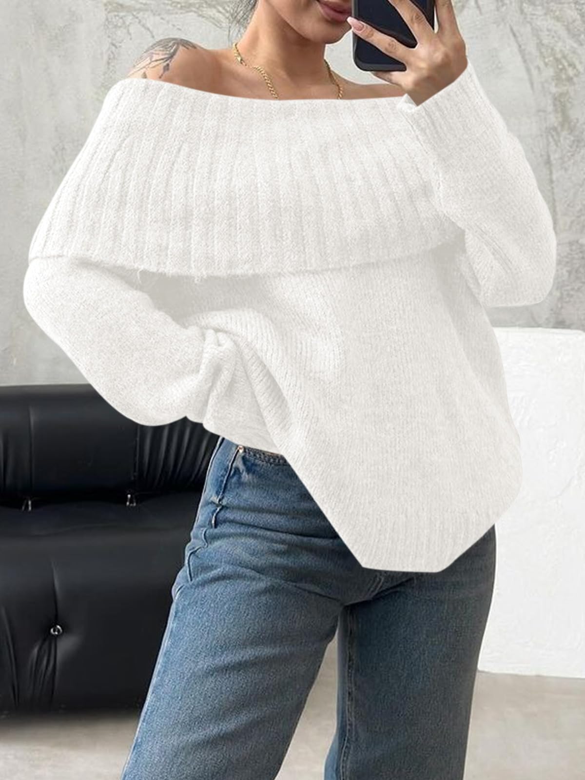 Foto 4 pulgar | Jersey Saodimallsu Con Hombros Descubiertos Para Mujer, Punto Holgado, Blanco - Venta Internacional.