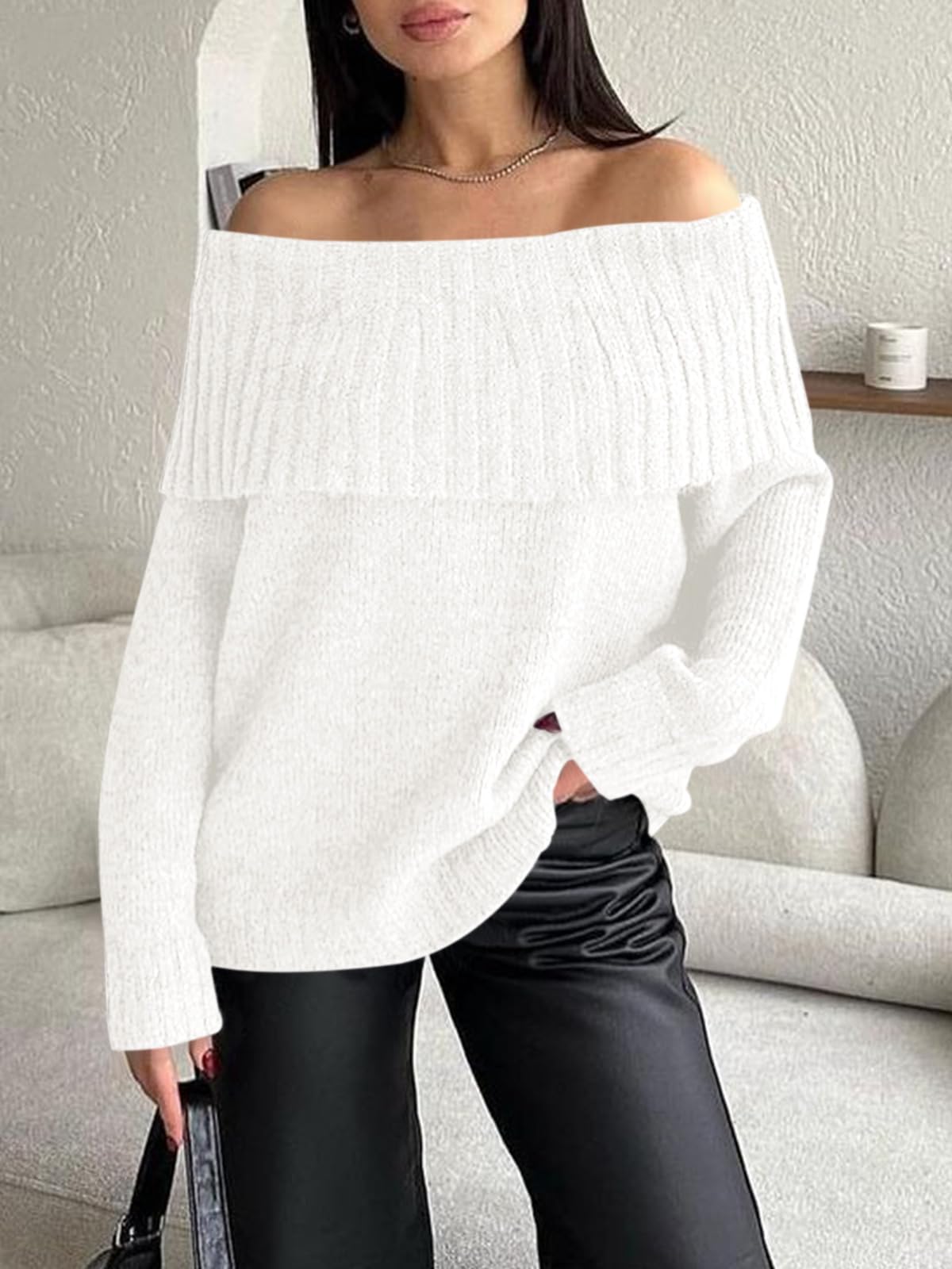 Foto 5 pulgar | Jersey Saodimallsu Con Hombros Descubiertos Para Mujer, Punto Holgado, Blanco - Venta Internacional.