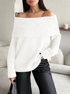 Foto 4 | Jersey Saodimallsu Con Hombros Descubiertos Para Mujer, Punto Holgado, Blanco - Venta Internacional.