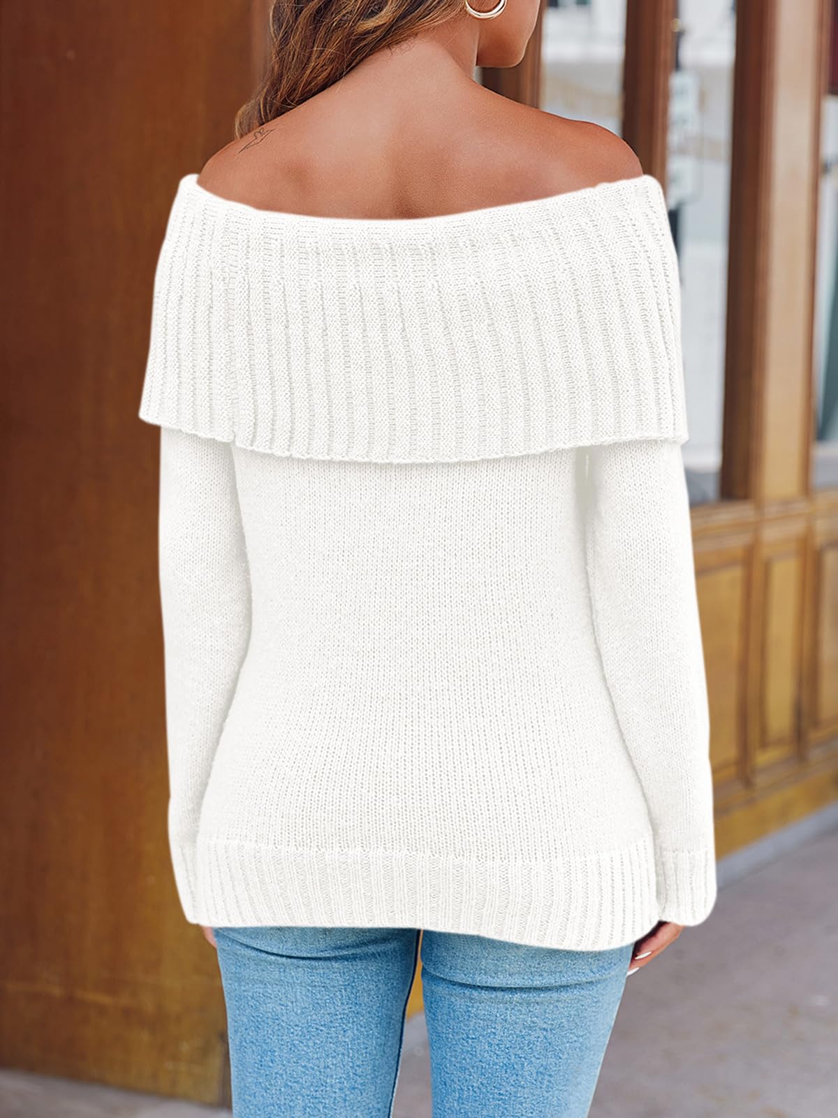 Foto 6 pulgar | Jersey Saodimallsu Con Hombros Descubiertos Para Mujer, Punto Holgado, Blanco - Venta Internacional.