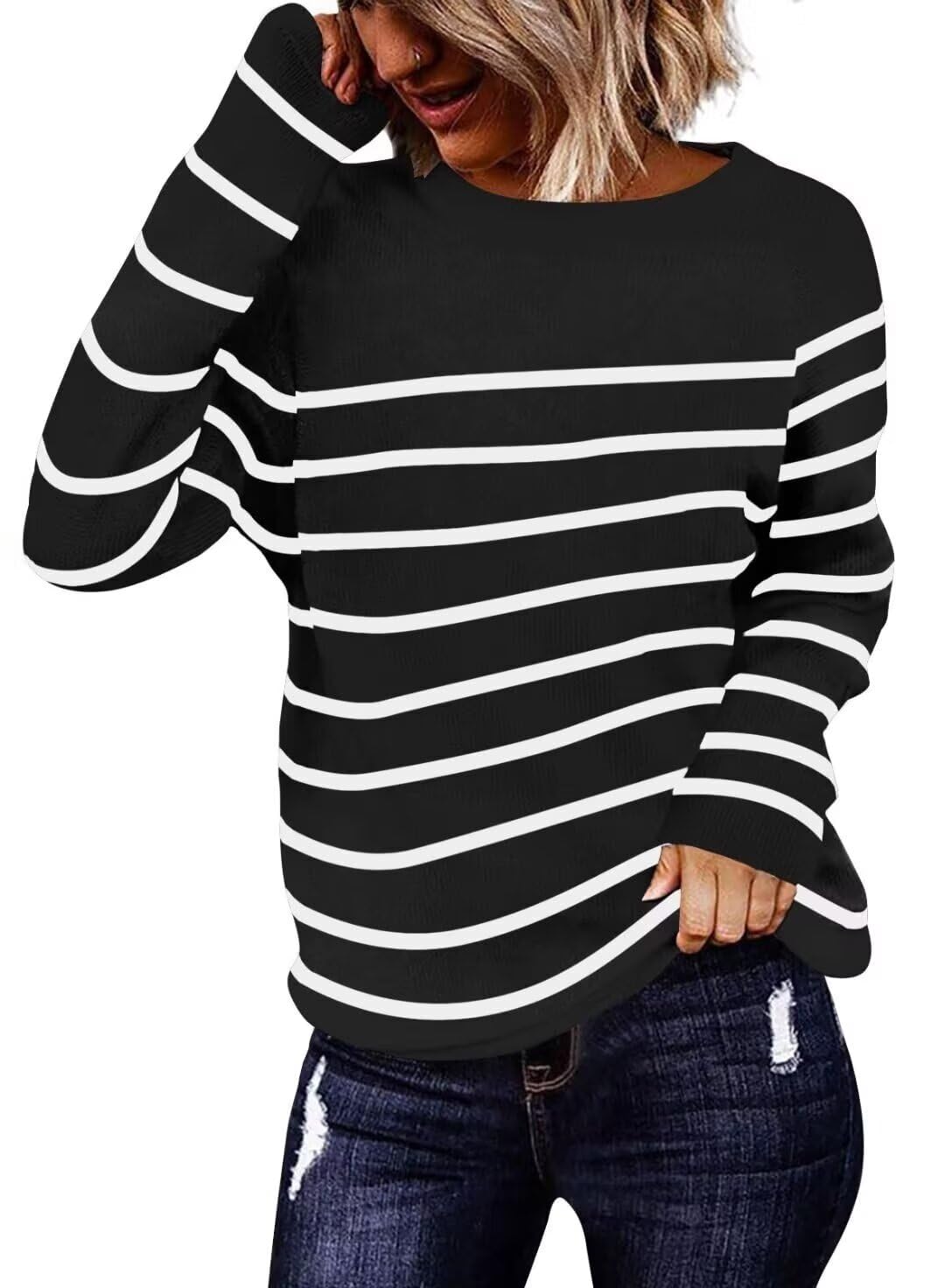Foto 2 pulgar | Jersey Qacohu De Punto A Rayas Para Mujer, Talla M, Color Negro - Venta Internacional.