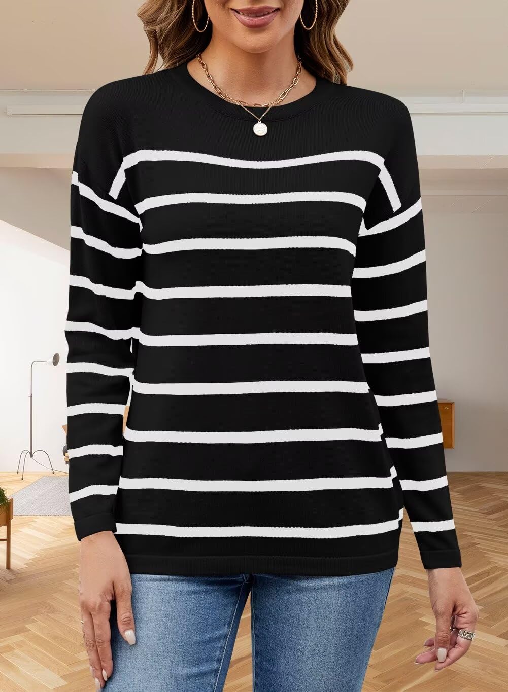 Foto 4 pulgar | Jersey Qacohu De Punto A Rayas Para Mujer, Talla M, Color Negro - Venta Internacional.