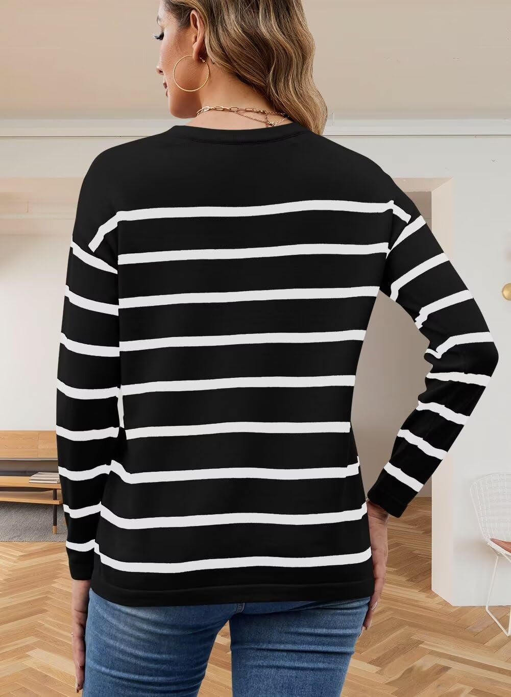 Foto 6 pulgar | Jersey Qacohu De Punto A Rayas Para Mujer, Talla M, Color Negro - Venta Internacional.