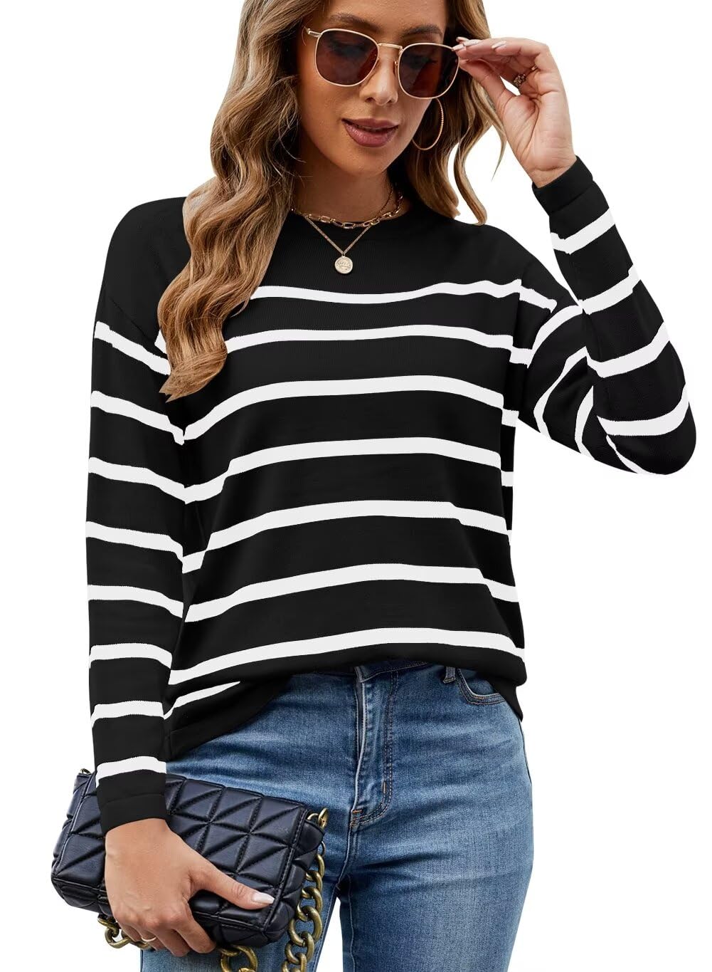 Foto 8 pulgar | Jersey Qacohu De Punto A Rayas Para Mujer, Talla M, Color Negro - Venta Internacional.