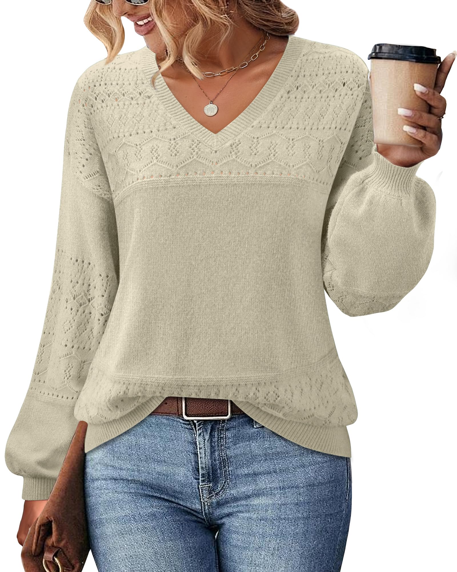 Foto 4 pulgar | Jersey Messic Para Mujer, Cuello En V, Ligero, Beige, Talla Xxl - Venta Internacional.