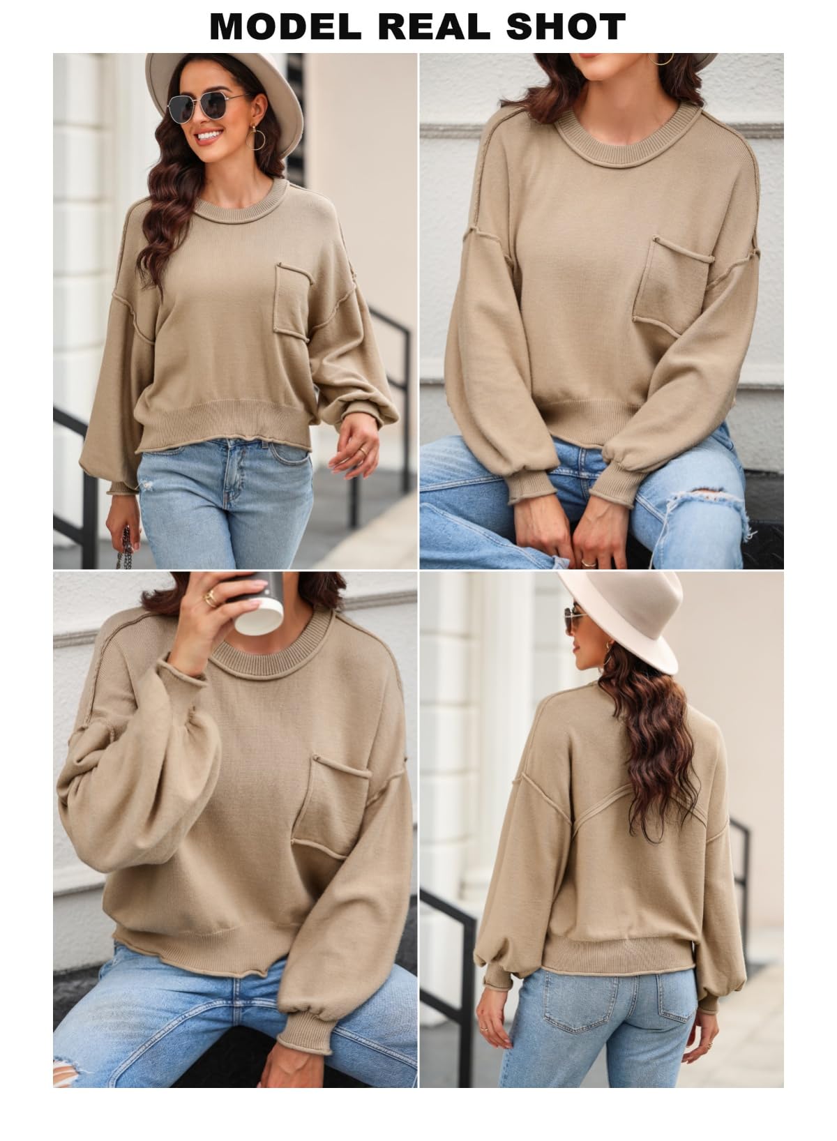 Foto 6 pulgar | Jersey Evaless Para Mujer Con Cuello Redondo Y Linterna De Manga Larga A La Moda - Venta Internacional.