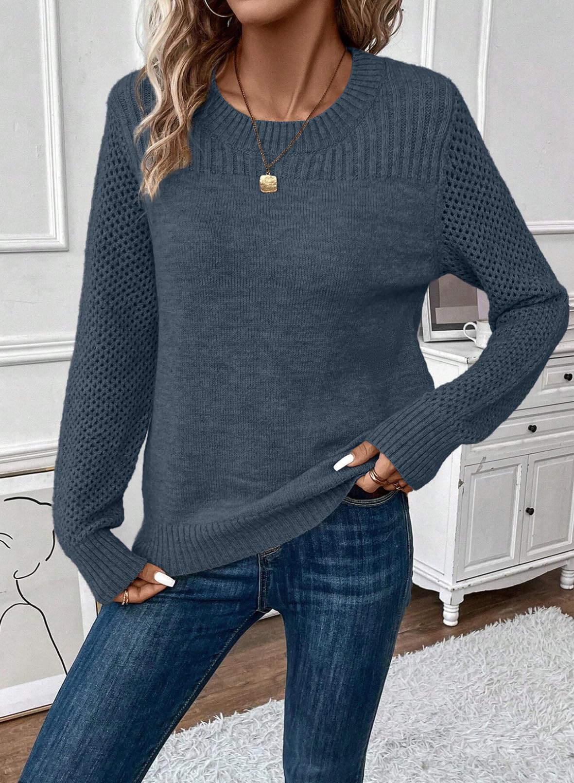 Foto 5 | Jersey Evaless De Punto Trenzado A La Moda Para Mujer, A La Moda, Azul - Venta Internacional.