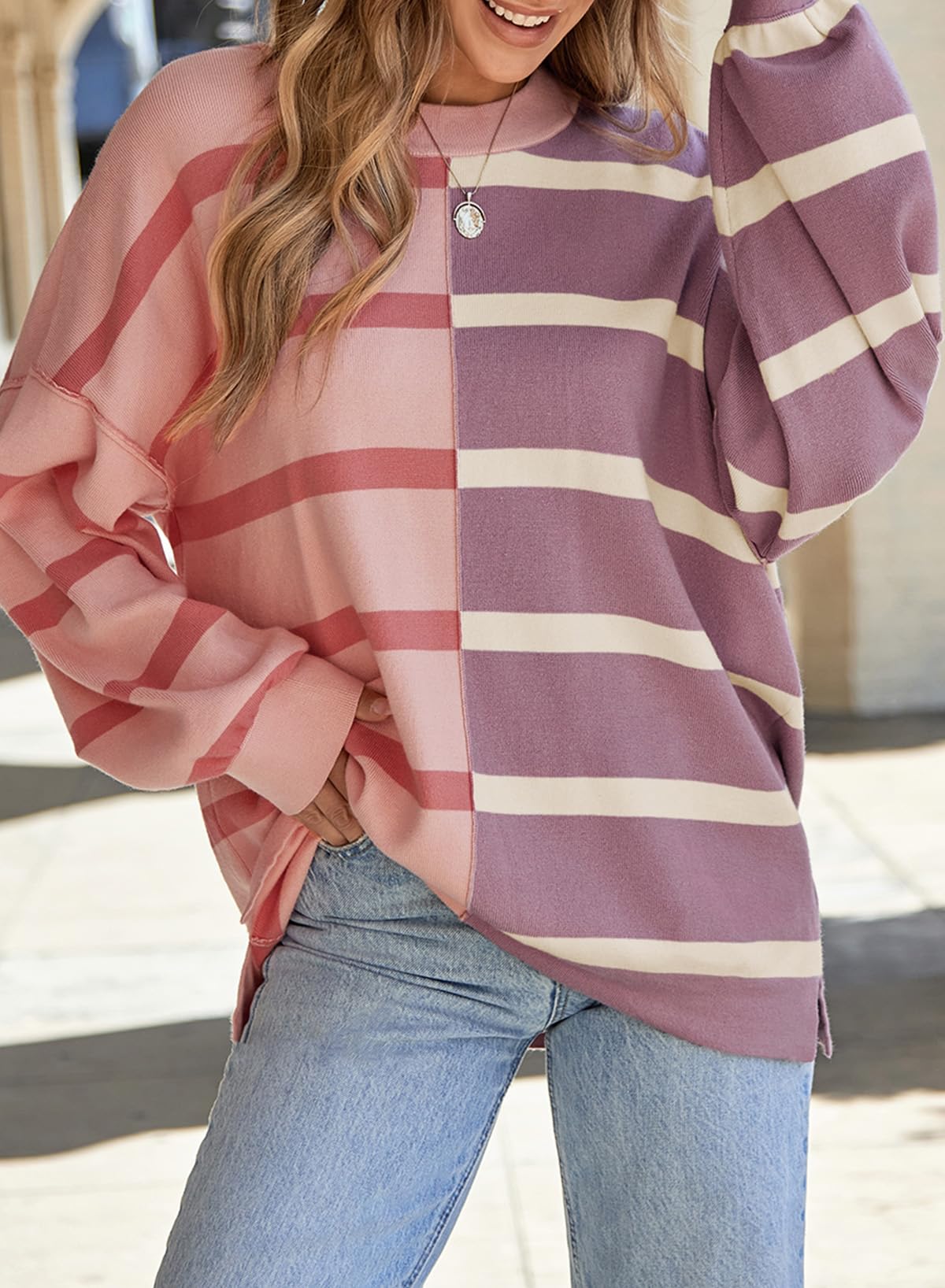 Foto 2 | Suéter Evaless Para Mujer De Gran Tamaño A Rayas, Tendencia De Moda 2024 - Venta Internacional.