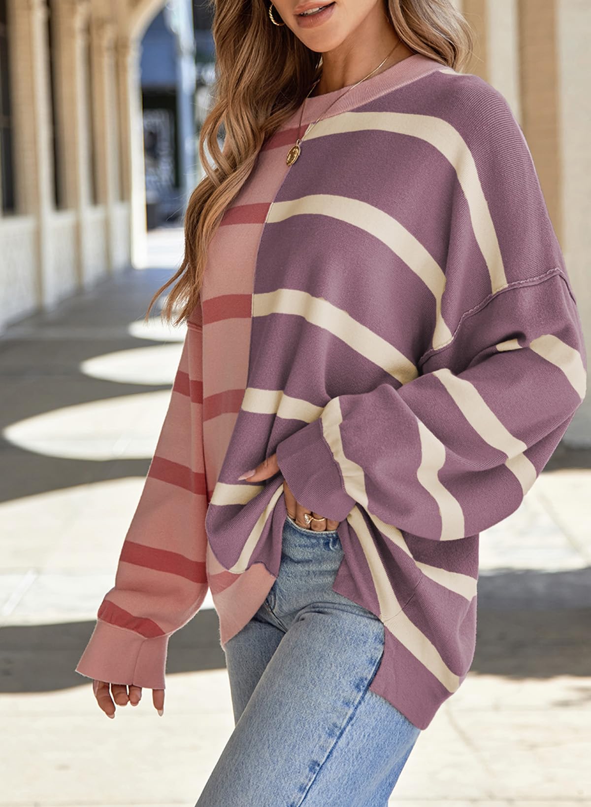 Foto 4 | Suéter Evaless Para Mujer De Gran Tamaño A Rayas, Tendencia De Moda 2024 - Venta Internacional.