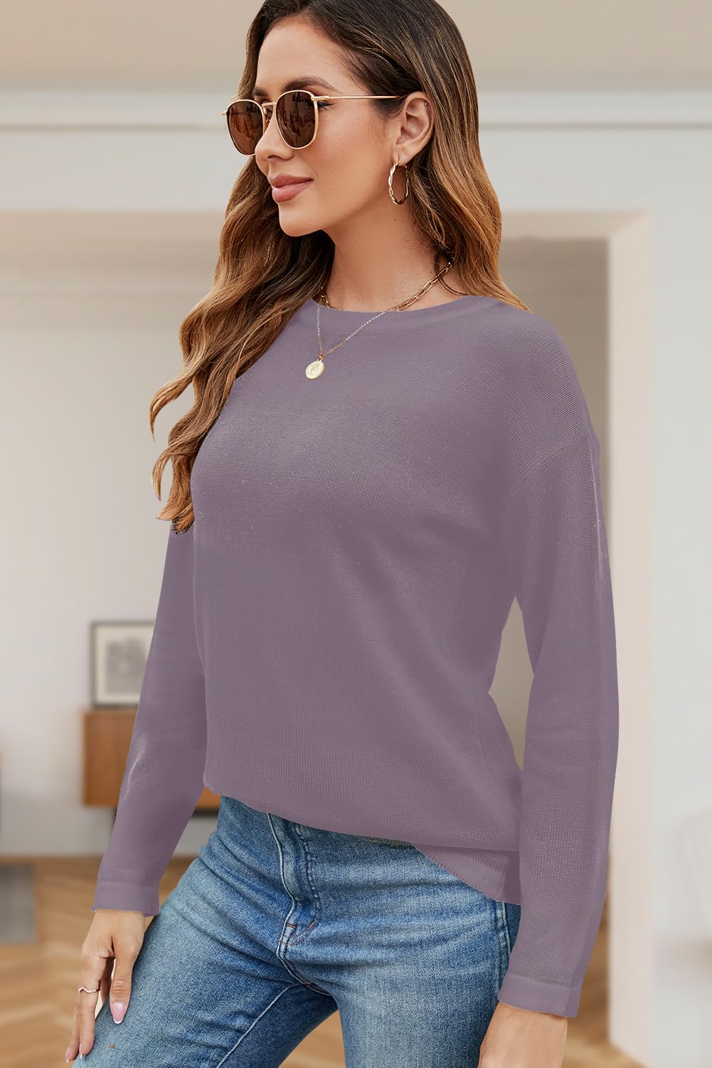 Foto 4 pulgar | Jersey Qacohu Para Mujer, Cuello Redondo, Manga Larga, Punto, Color Morado, L - Venta Internacional.