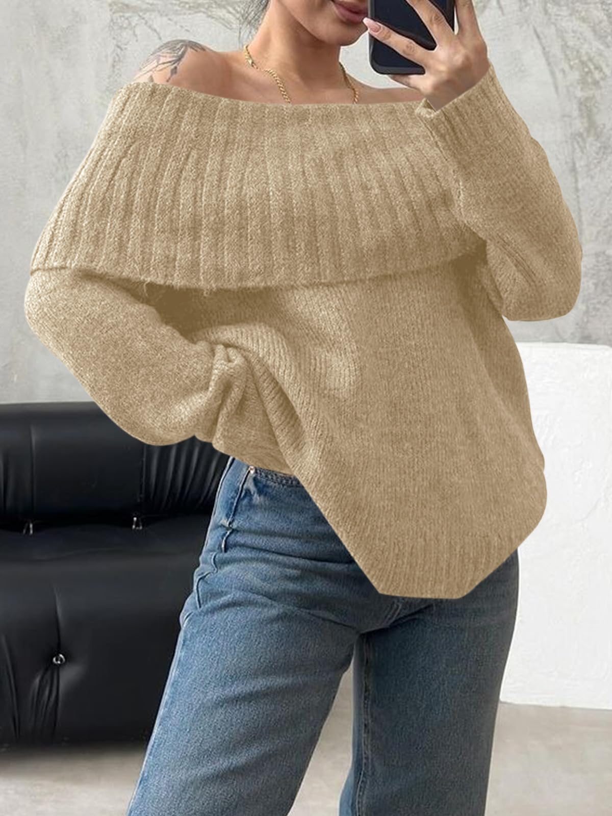 Foto 3 | Jersey Saodimallsu De Punto Holgado Con Hombros Descubiertos, Caqui, Para Mujer - Venta Internacional.