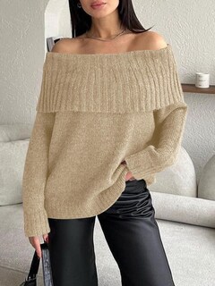 Foto 4 | Jersey Saodimallsu De Punto Holgado Con Hombros Descubiertos, Caqui, Para Mujer - Venta Internacional.