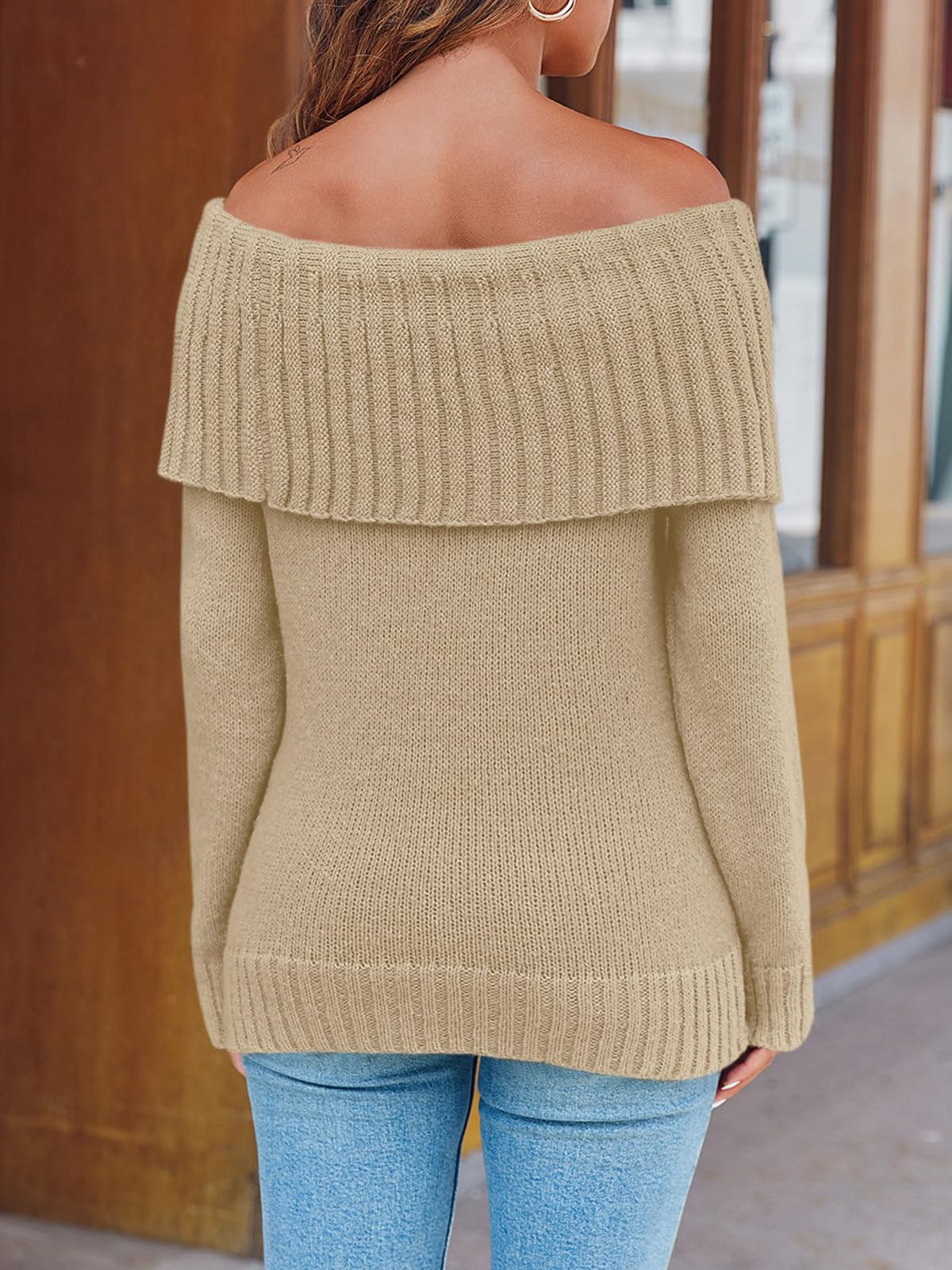 Foto 5 | Jersey Saodimallsu De Punto Holgado Con Hombros Descubiertos, Caqui, Para Mujer - Venta Internacional.