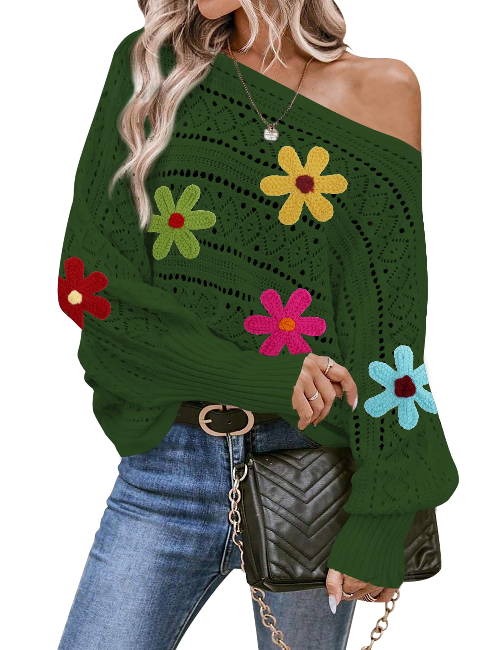Foto 1 | Jersey Cakulo Con Hombros Descubiertos, Otoño 2024, Flor, Verde Oscuro - Venta Internacional.