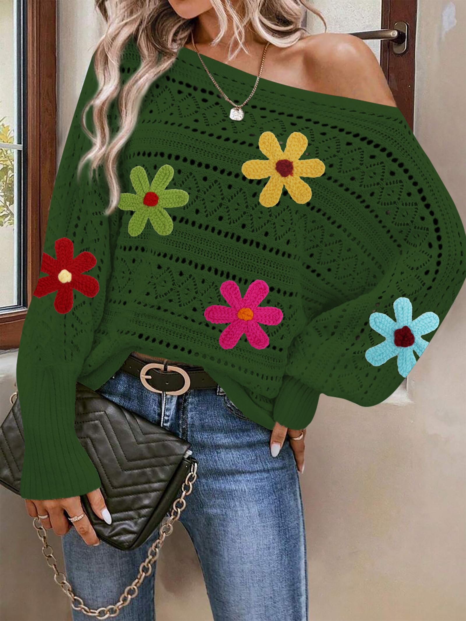 Foto 2 | Jersey Cakulo Con Hombros Descubiertos, Otoño 2024, Flor, Verde Oscuro - Venta Internacional.