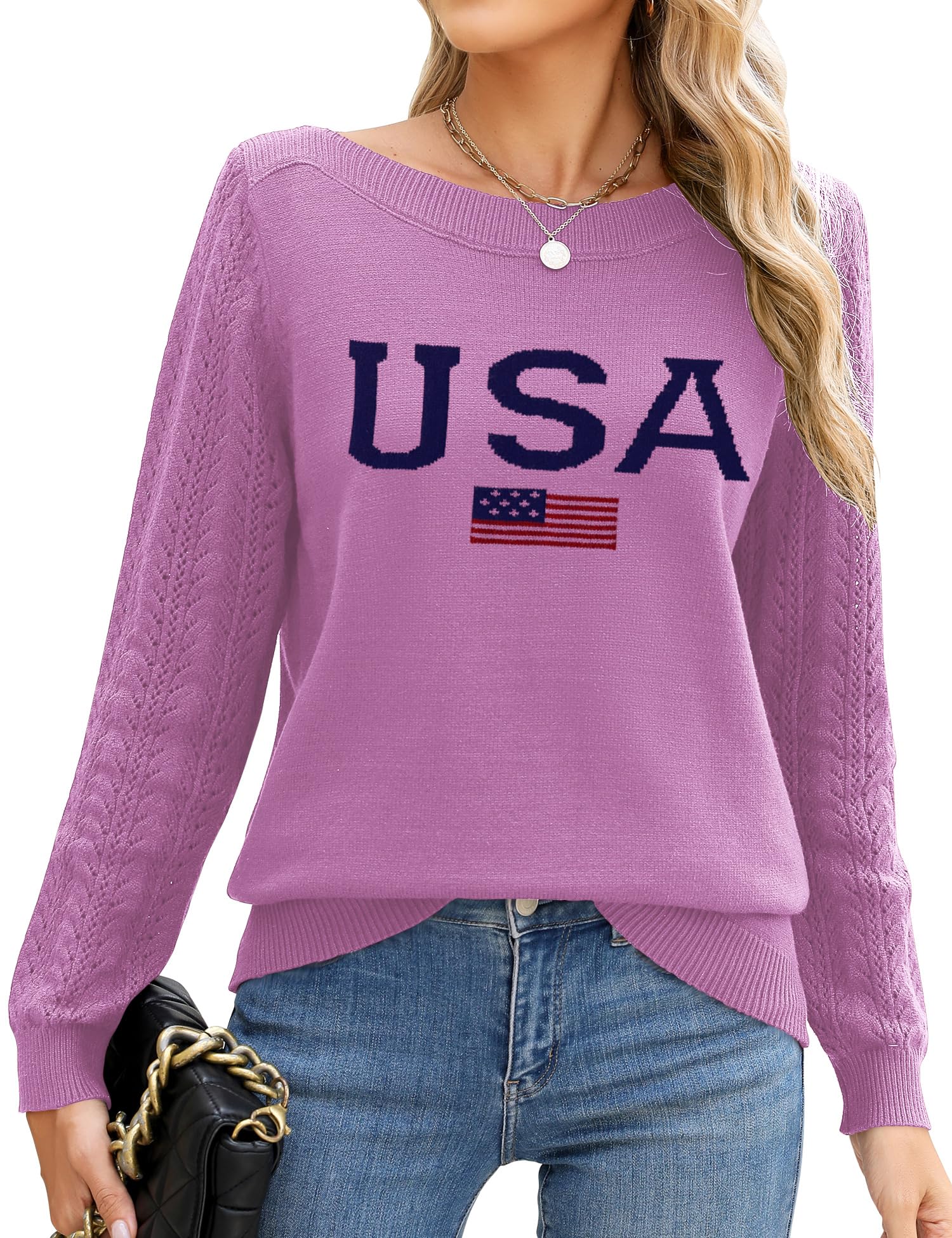 Jersey Lomon Con Cuello De Barco Para Mujer, Estampado De Bandera De Ee. Uu., Violeta - Venta Internacional.