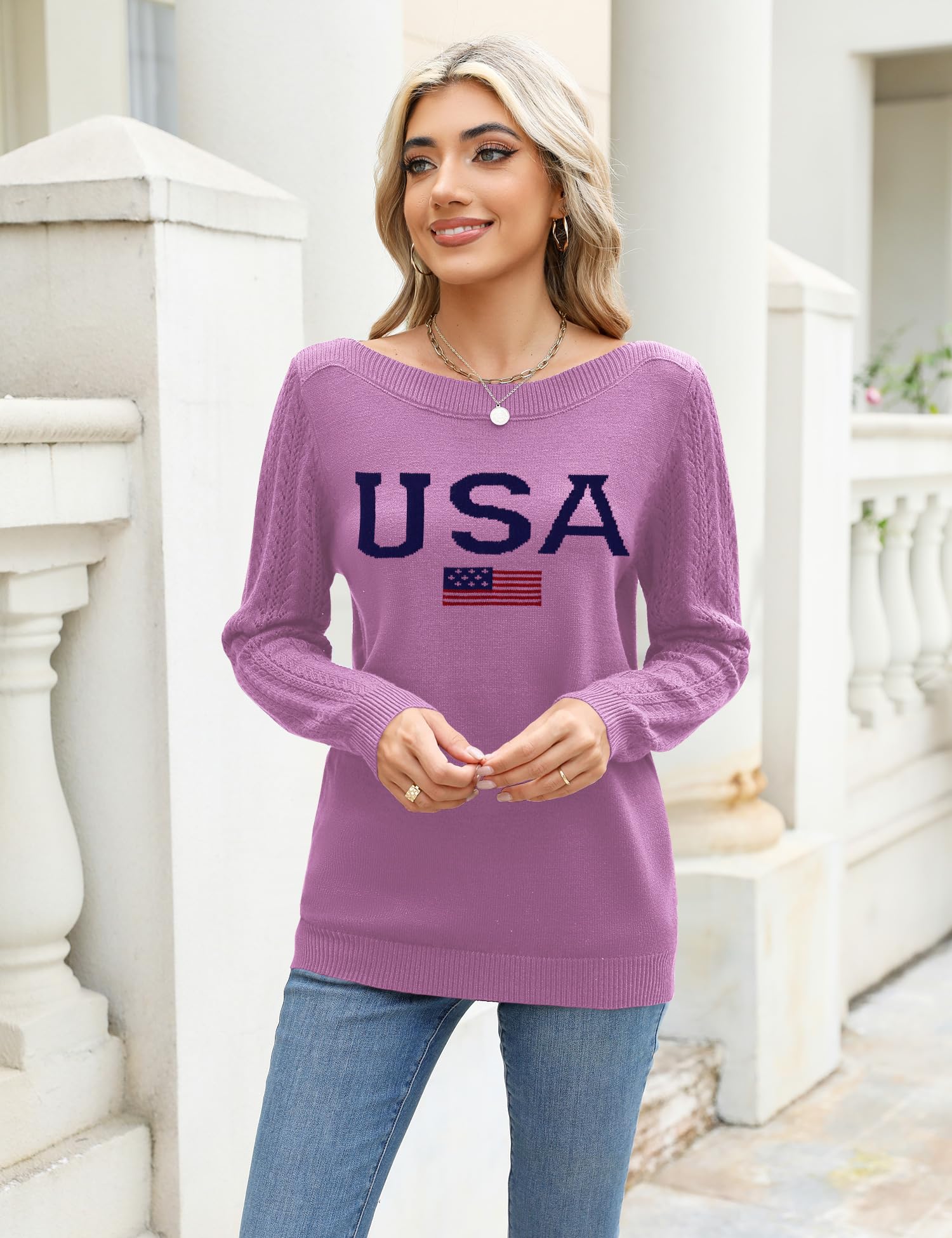 Foto 3 pulgar | Jersey Lomon Con Cuello De Barco Para Mujer, Estampado De Bandera De Ee. Uu., Violeta - Venta Internacional.