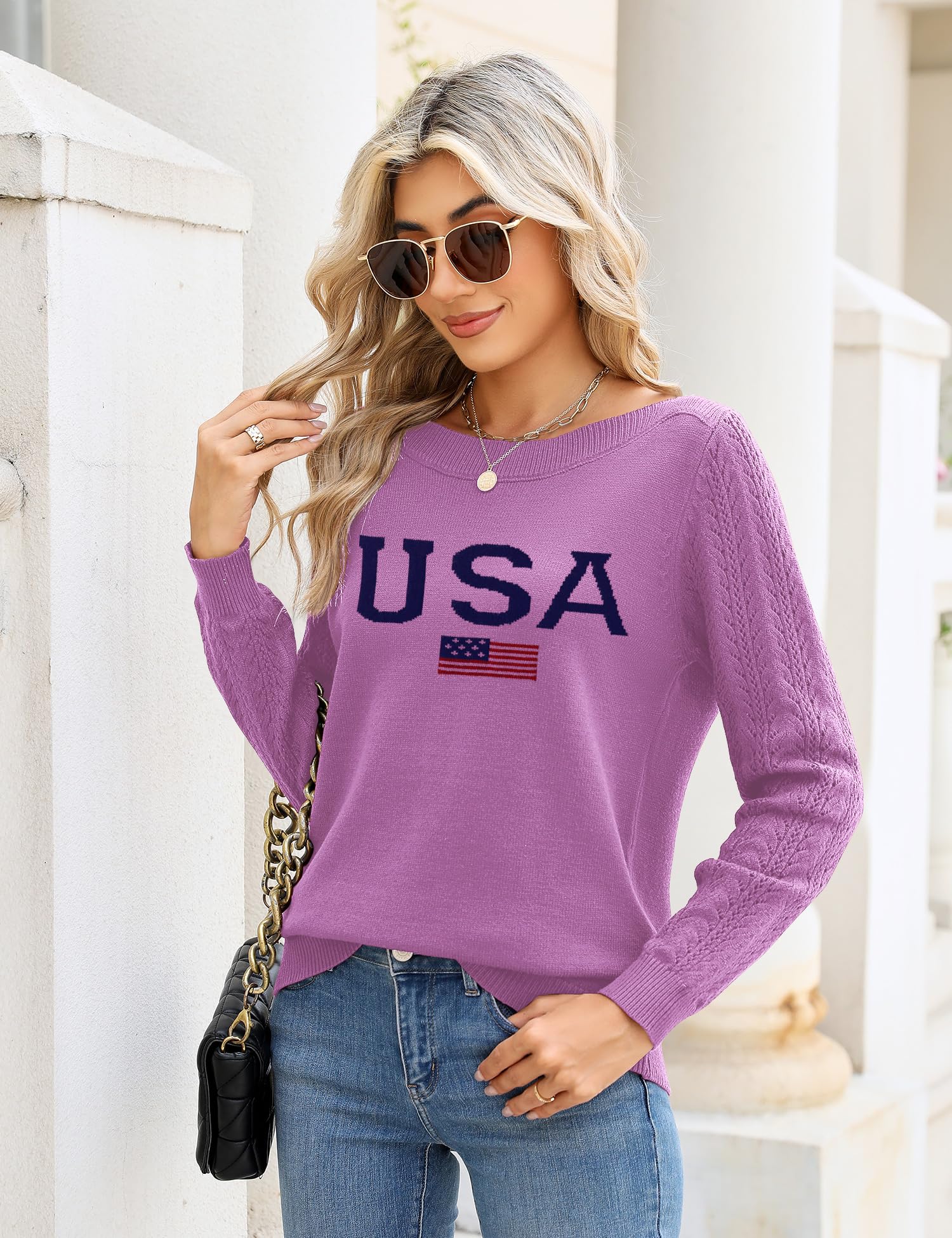 Foto 4 pulgar | Jersey Lomon Con Cuello De Barco Para Mujer, Estampado De Bandera De Ee. Uu., Violeta - Venta Internacional.