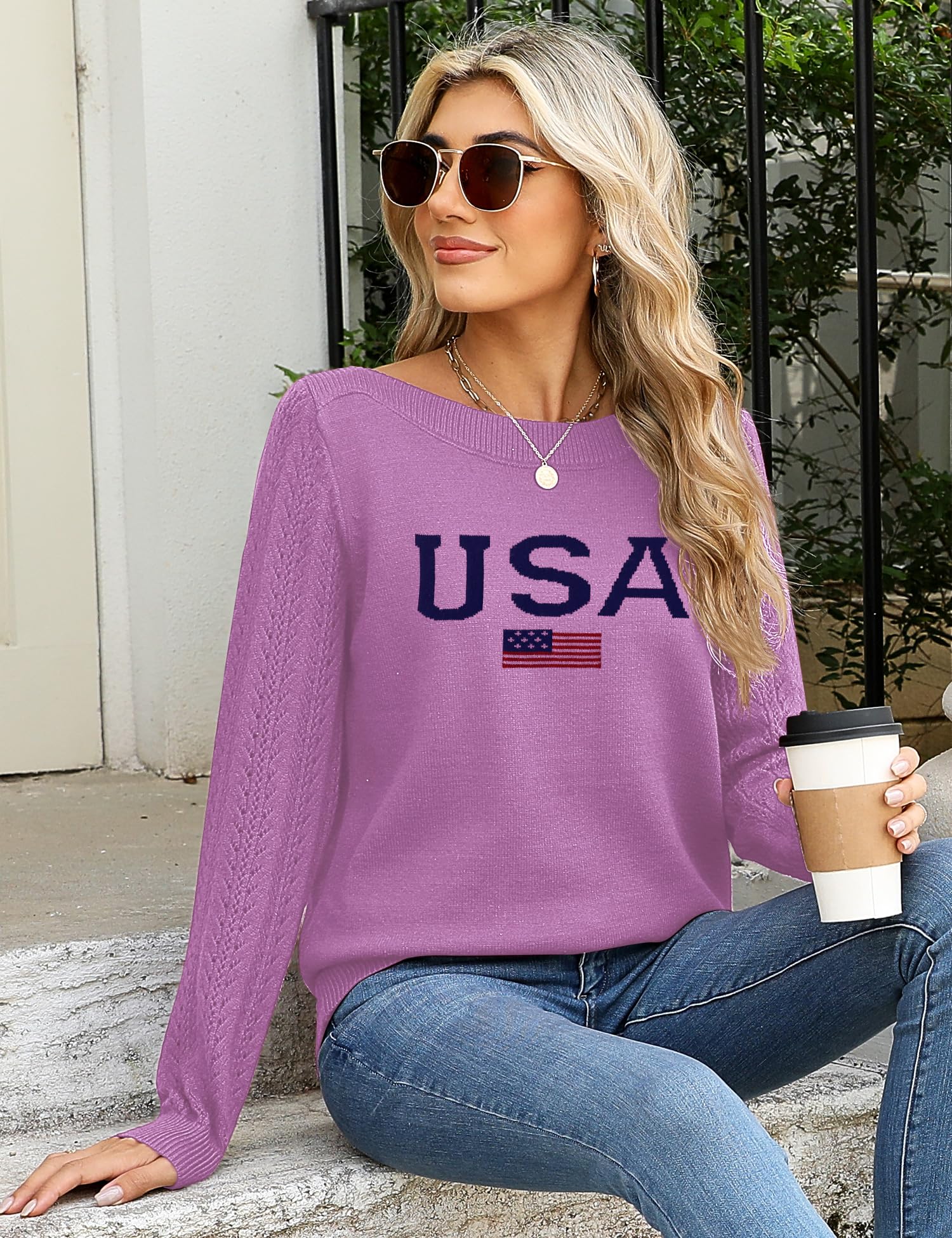 Foto 6 pulgar | Jersey Lomon Con Cuello De Barco Para Mujer, Estampado De Bandera De Ee. Uu., Violeta - Venta Internacional.