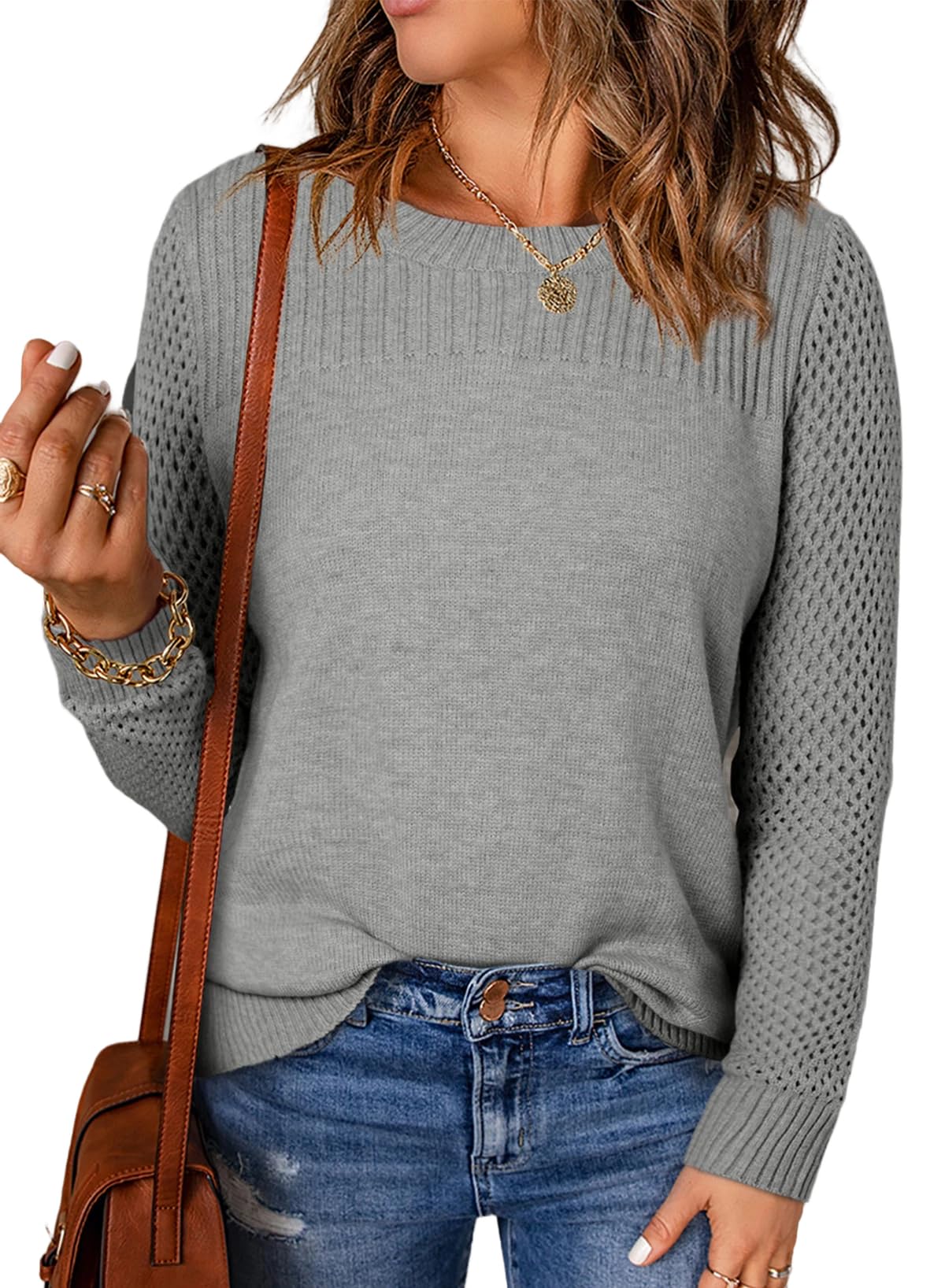 Jersey Evaless Para Mujer, Tejido Trenzado, Cuello Redondo, Gris Claro - Venta Internacional.
