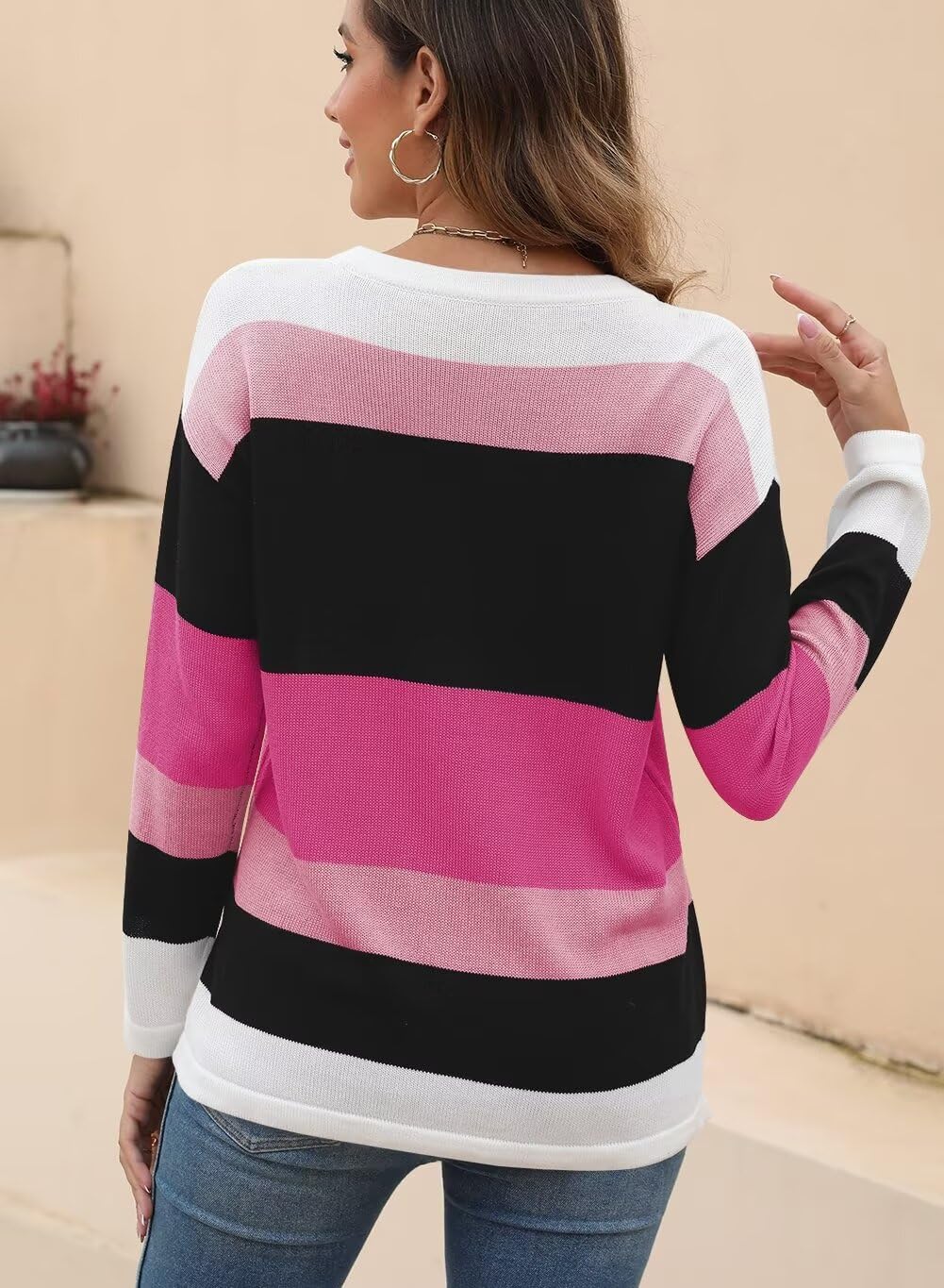 Foto 4 pulgar | Jersey Qacohu Moda Mujer 2024 A Rayas De Punto Rosa L - Venta Internacional.