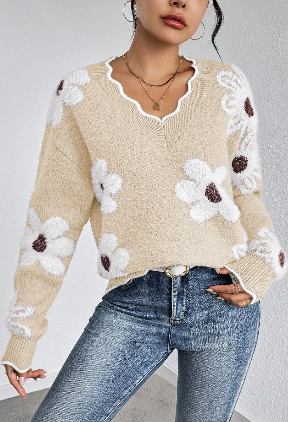 Foto 7 | Jersey Rosa De Punto Queen Con Cuello En V Y Fuzzy Para Mujer - Venta Internacional.