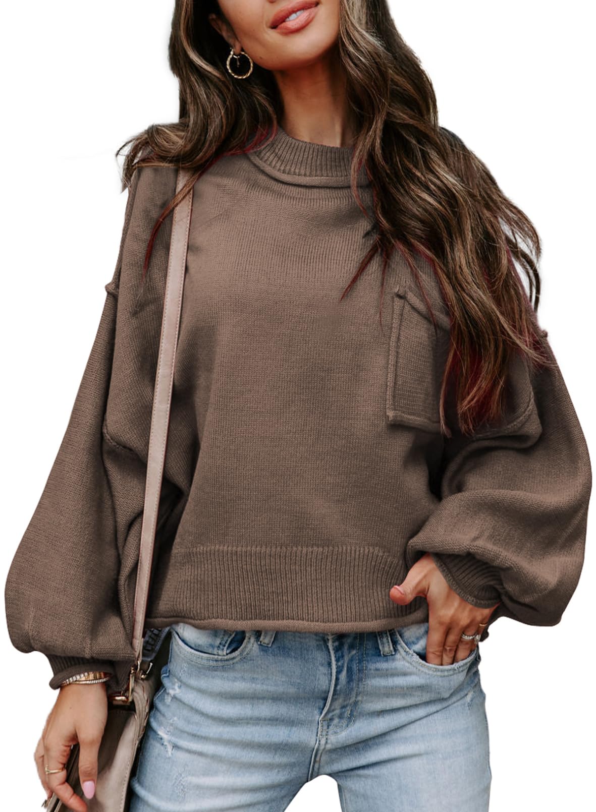 Foto 1 | Jersey Evaless Para Mujer, Cuello Redondo, Manga Larga, Linterna, Marrón, 1x - Venta Internacional.