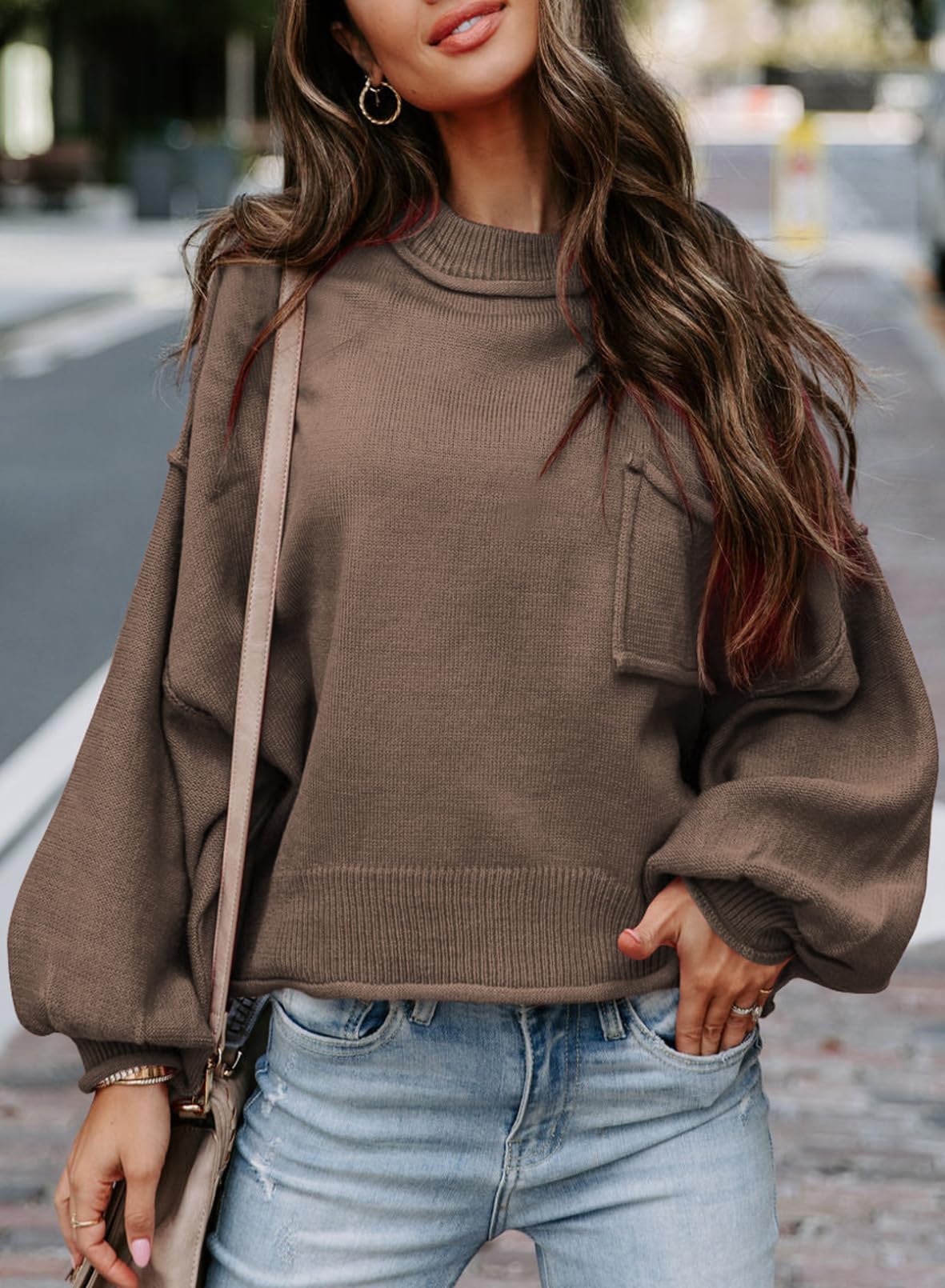 Foto 4 | Jersey Evaless Para Mujer, Cuello Redondo, Manga Larga, Linterna, Marrón, 1x - Venta Internacional.