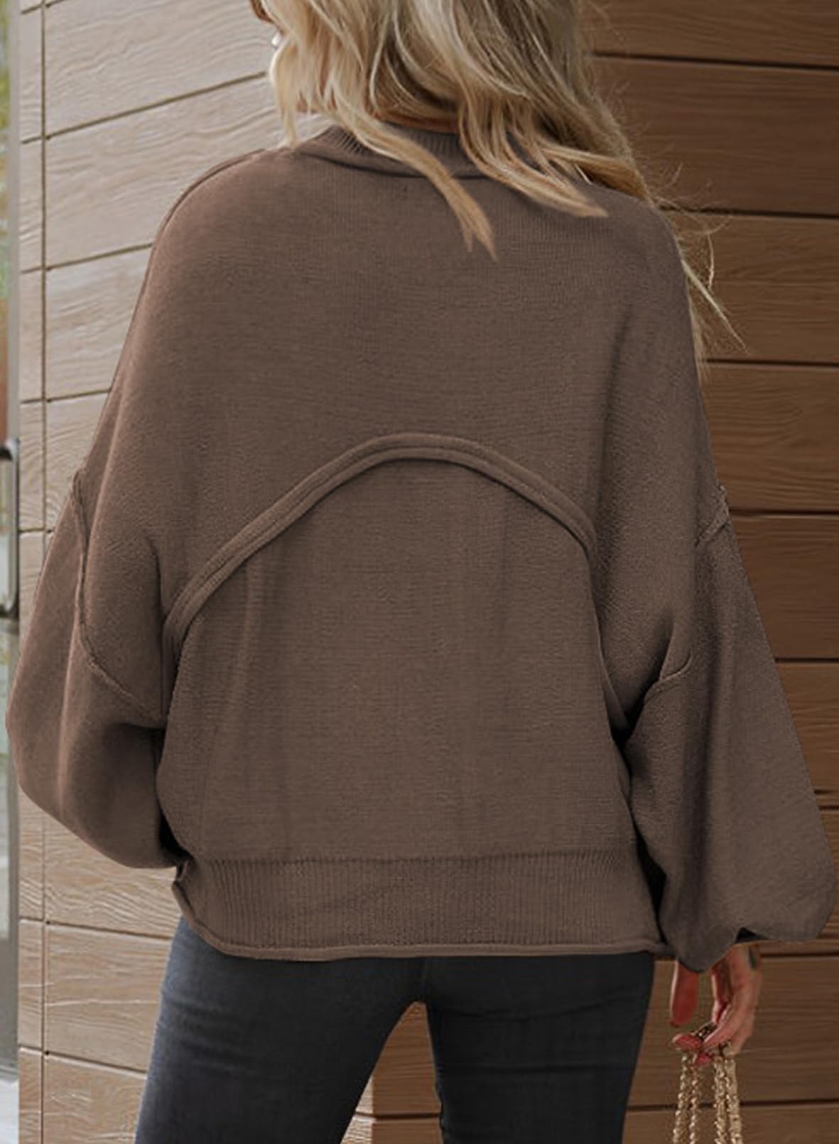 Foto 6 pulgar | Jersey Evaless Para Mujer, Cuello Redondo, Manga Larga, Linterna, Marrón, 1x - Venta Internacional.