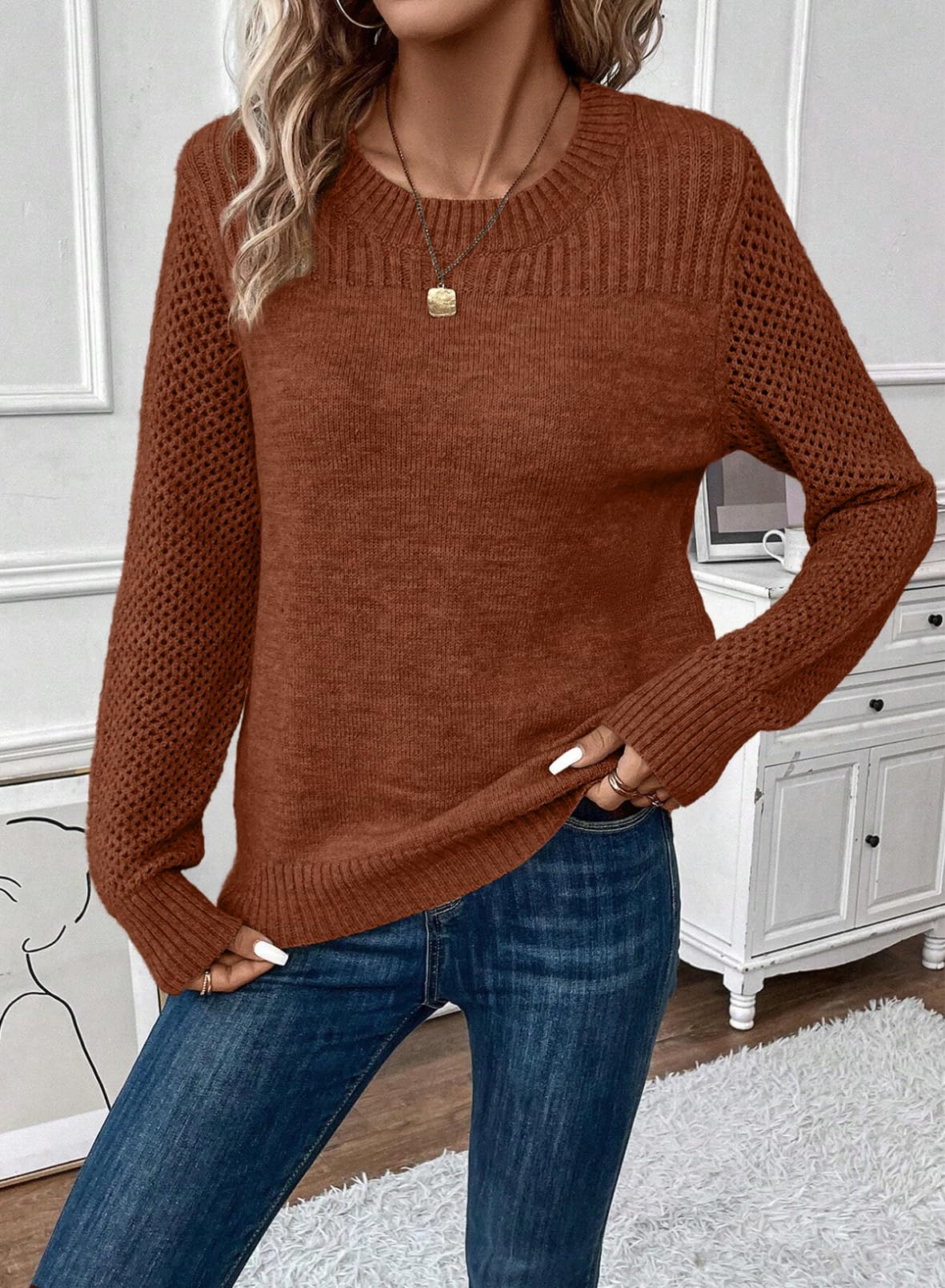 Foto 6 pulgar | Jersey Evaless Para Mujer, Moderno, De Otoño, Tejido Trenzado, Castaño - Venta Internacional.