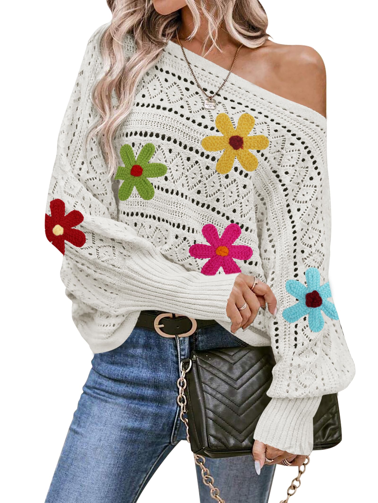Foto 2 pulgar | Jersey Cakulo Con Hombros Descubiertos Para Otoño De 2024, Flor Blanca S - Venta Internacional.