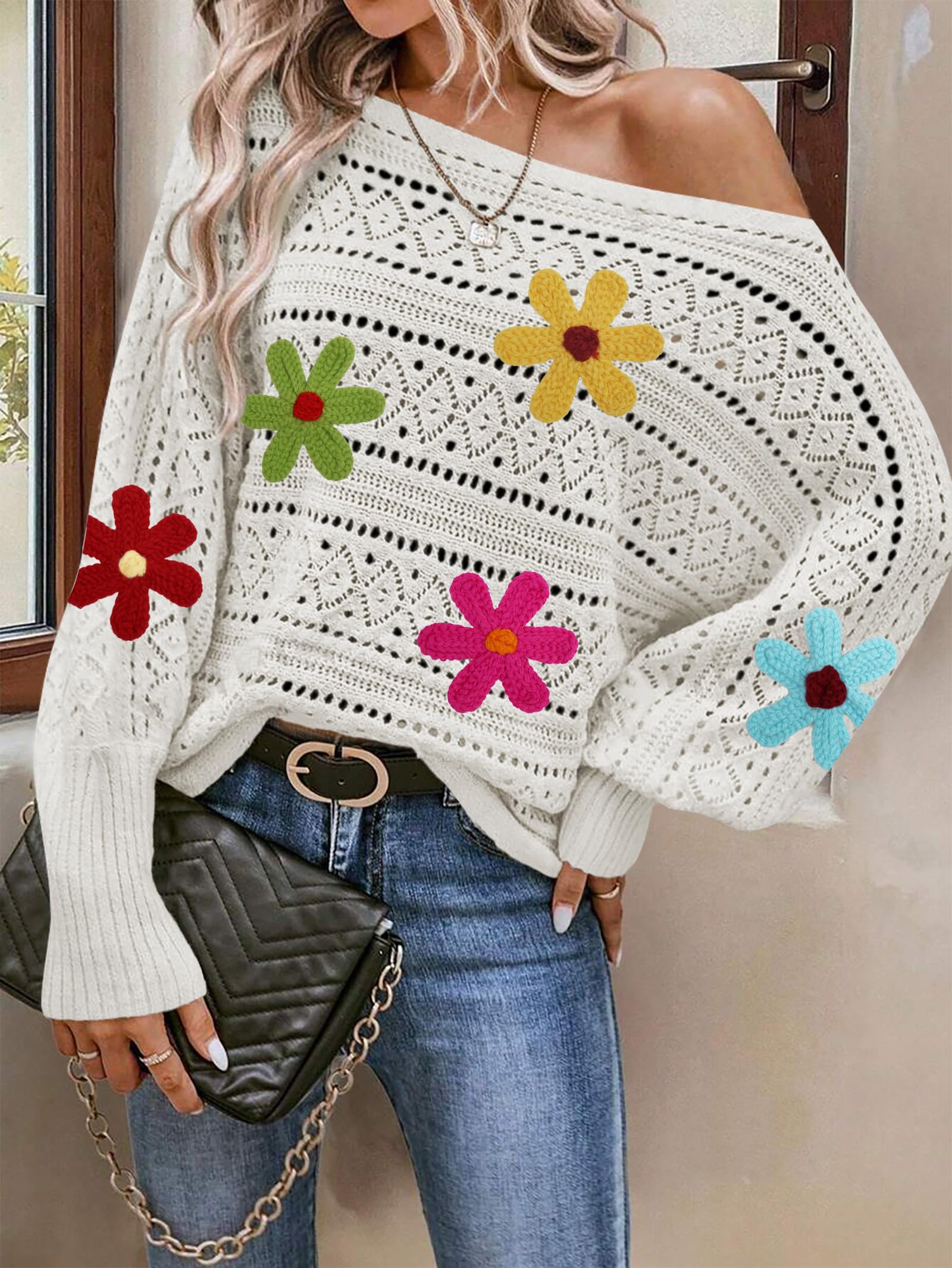 Foto 3 pulgar | Jersey Cakulo Con Hombros Descubiertos Para Otoño De 2024, Flor Blanca S - Venta Internacional.