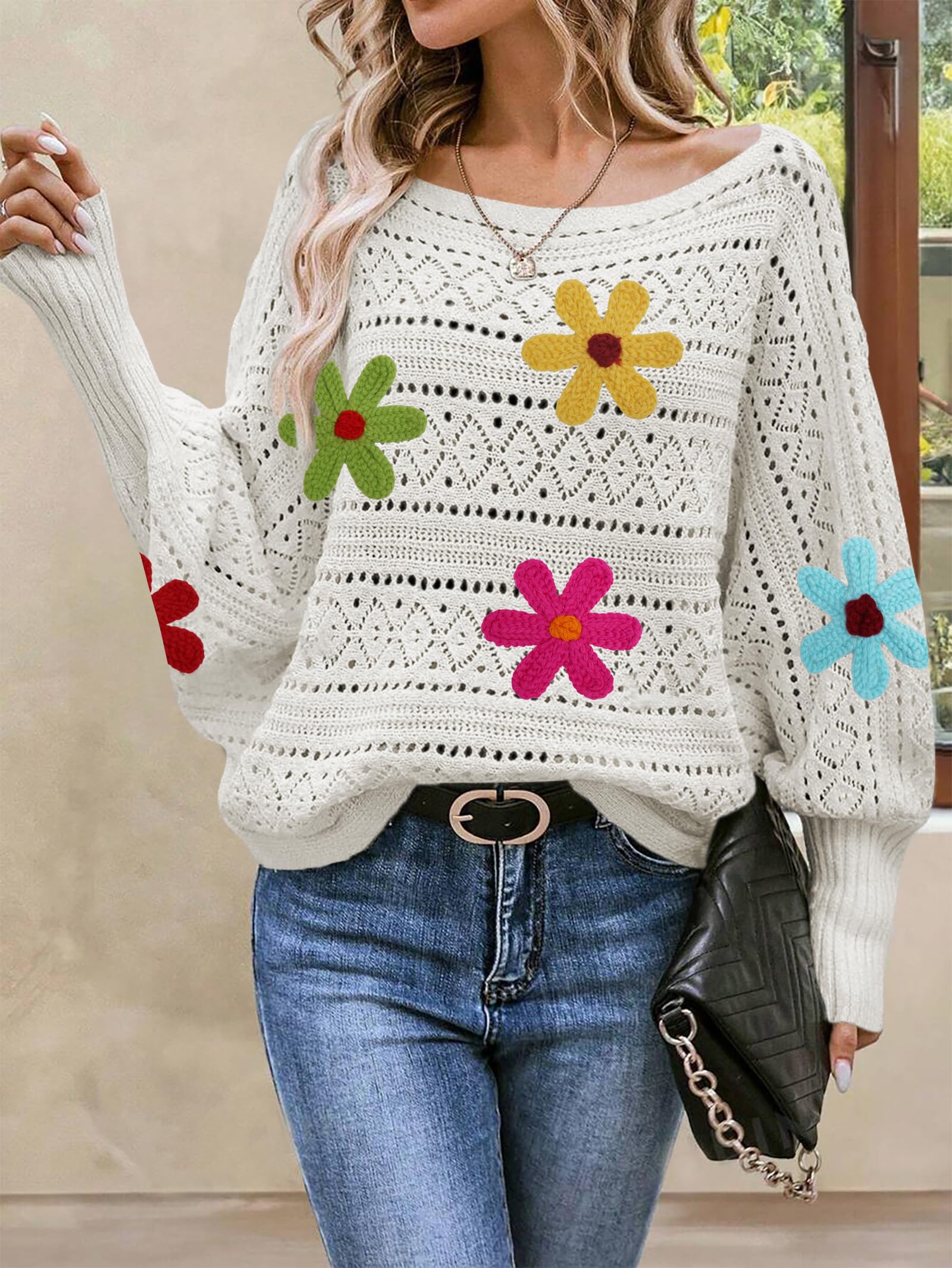 Foto 6 pulgar | Jersey Cakulo Con Hombros Descubiertos Para Otoño De 2024, Flor Blanca S - Venta Internacional.
