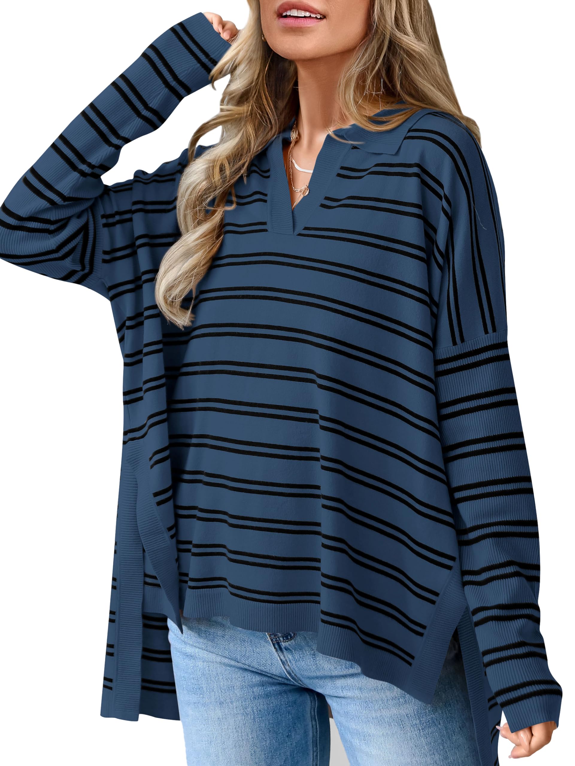 Foto 2 pulgar | Jersey Mascomoda De Manga Larga A Rayas De Gran Tamaño Con Cuello En V Para Mujer - Venta Internacional.