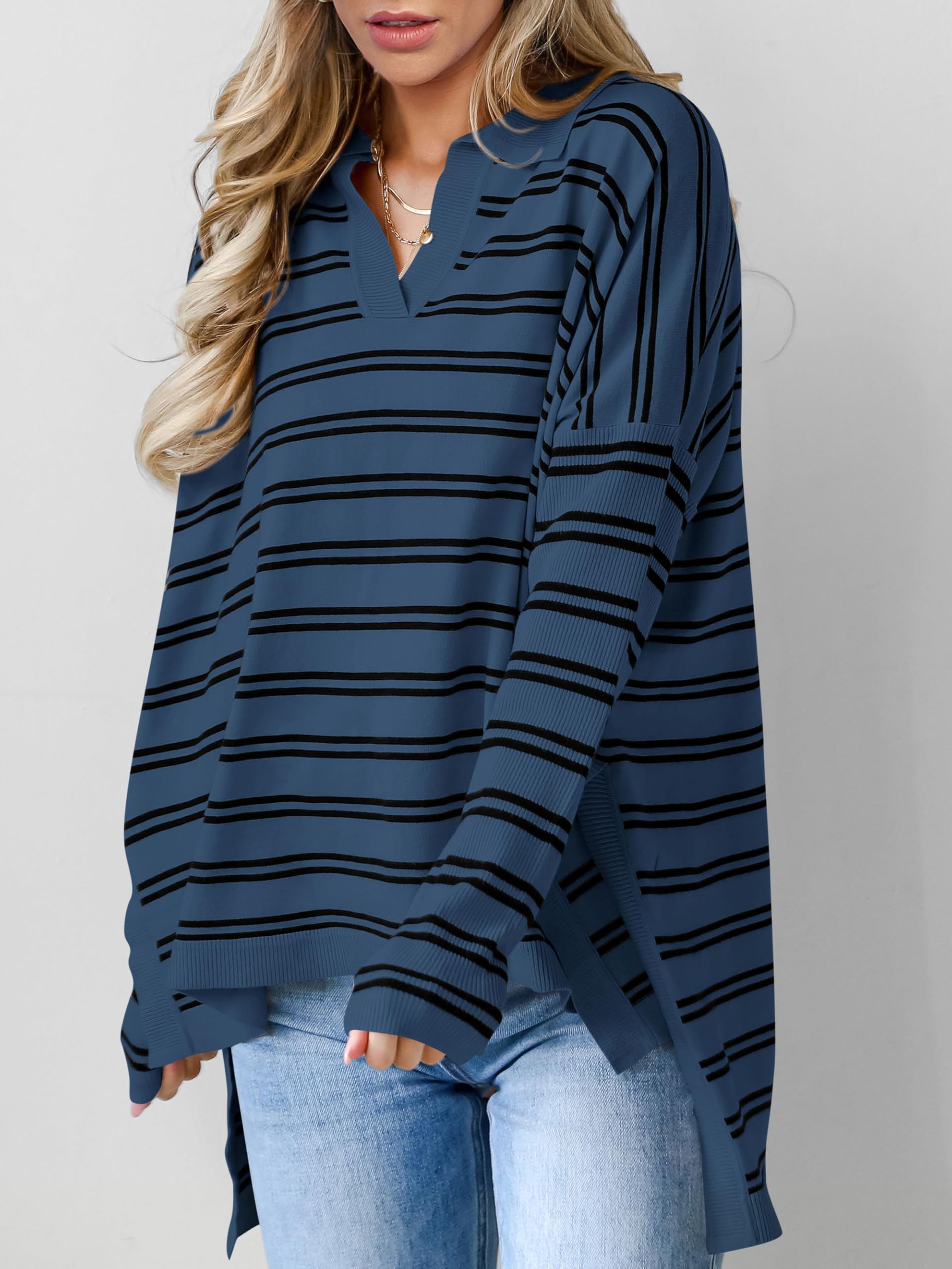 Foto 3 pulgar | Jersey Mascomoda De Manga Larga A Rayas De Gran Tamaño Con Cuello En V Para Mujer - Venta Internacional.