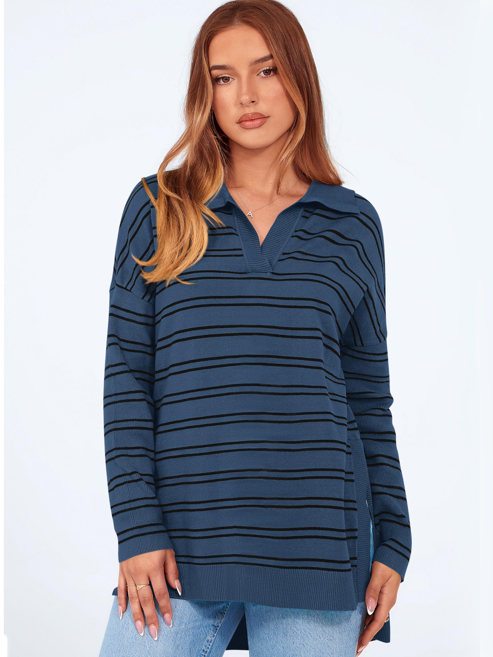 Foto 5 pulgar | Jersey Mascomoda De Manga Larga A Rayas De Gran Tamaño Con Cuello En V Para Mujer - Venta Internacional.