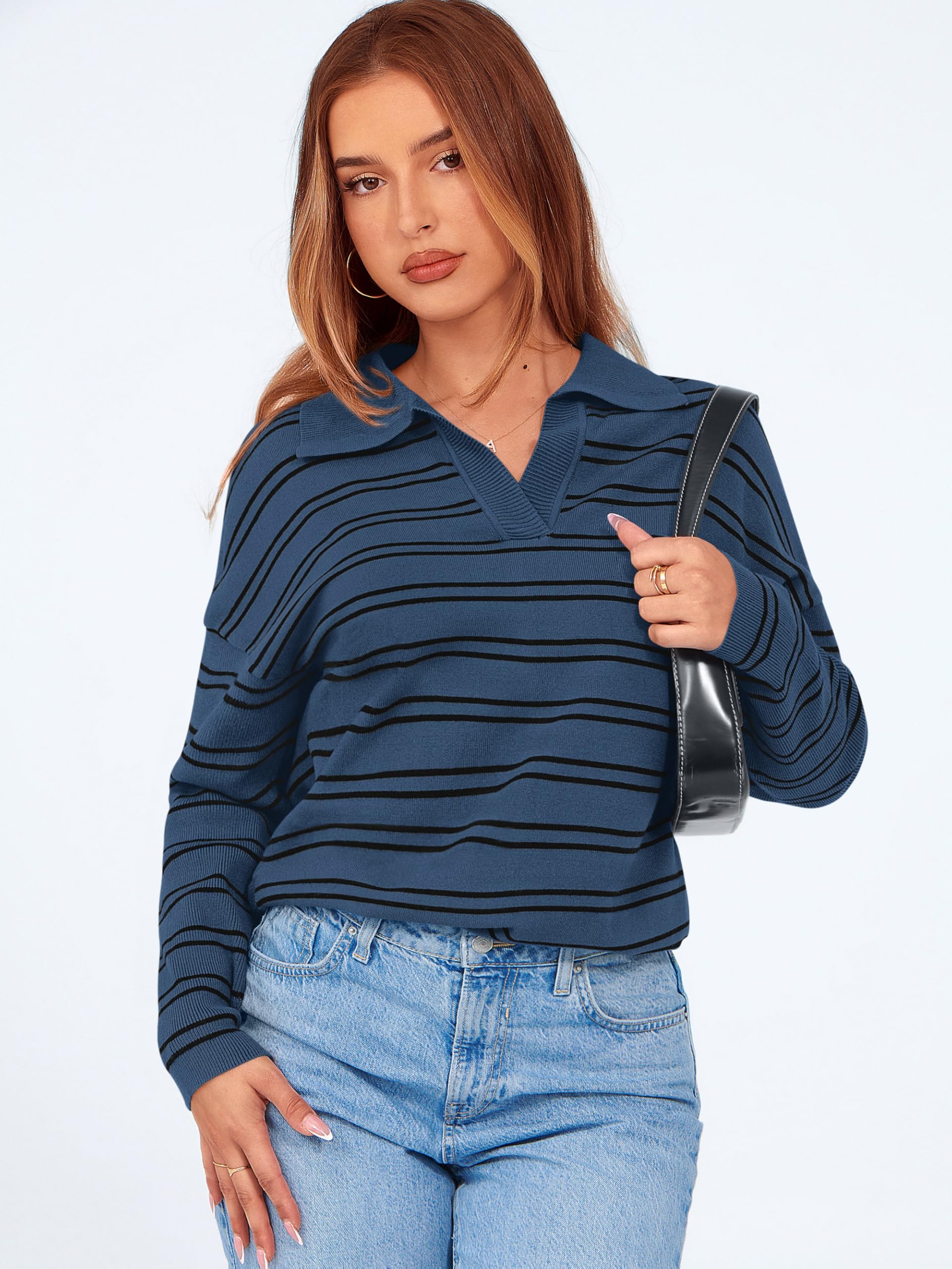 Foto 6 pulgar | Jersey Mascomoda De Manga Larga A Rayas De Gran Tamaño Con Cuello En V Para Mujer - Venta Internacional.