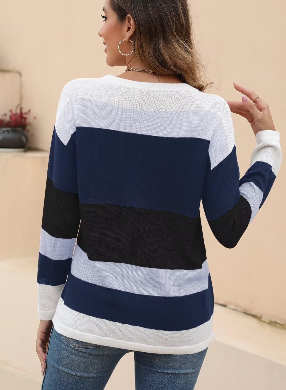 Foto 4 pulgar | Jersey Qacohu De Manga Larga Con Bloques De Color A Rayas Para Mujer - Venta Internacional.