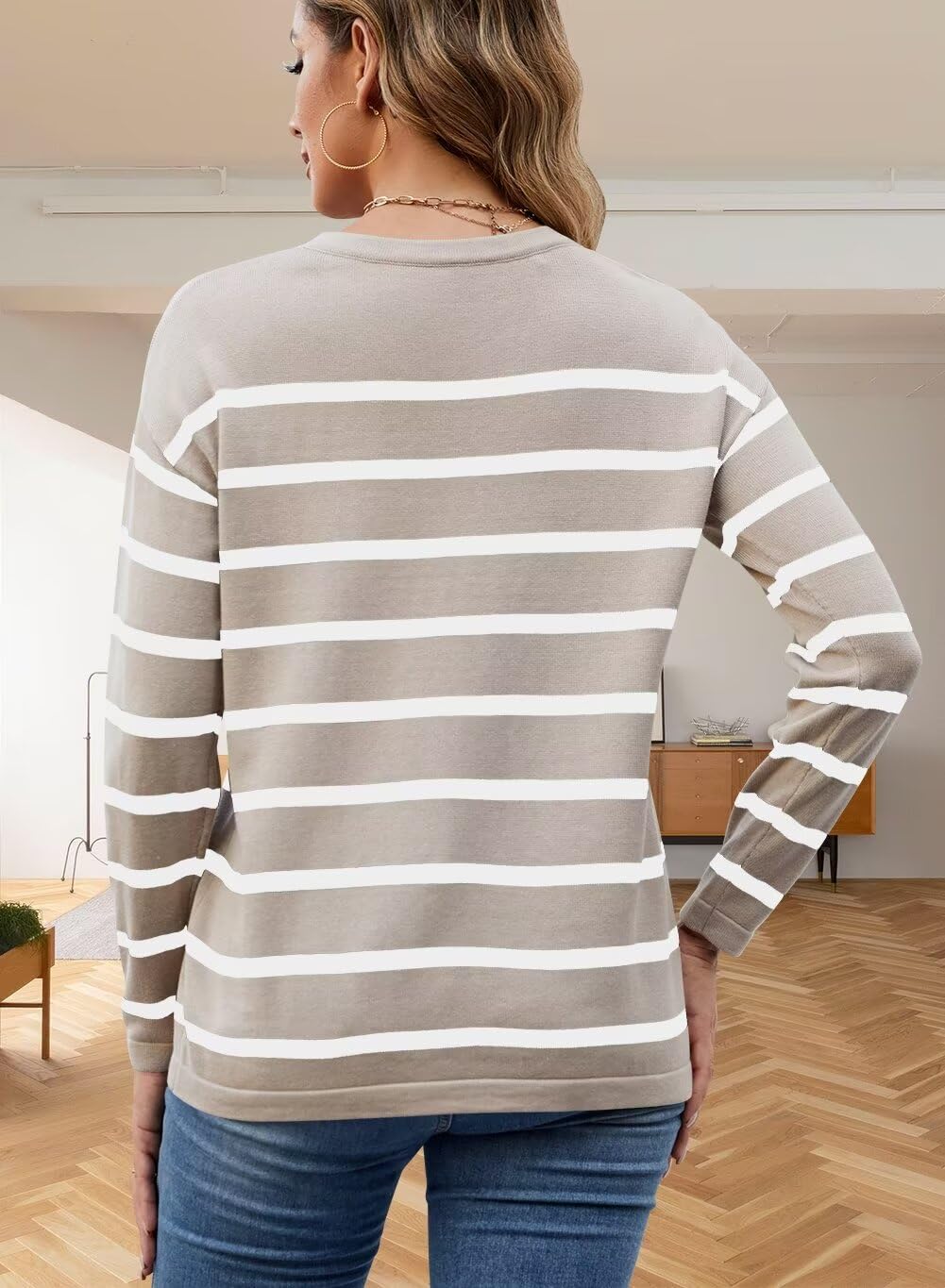 Foto 6 pulgar | Jersey Qacohu A Rayas Para Mujer, Otoño 2024, Casual, Beige, Talla M - Venta Internacional.