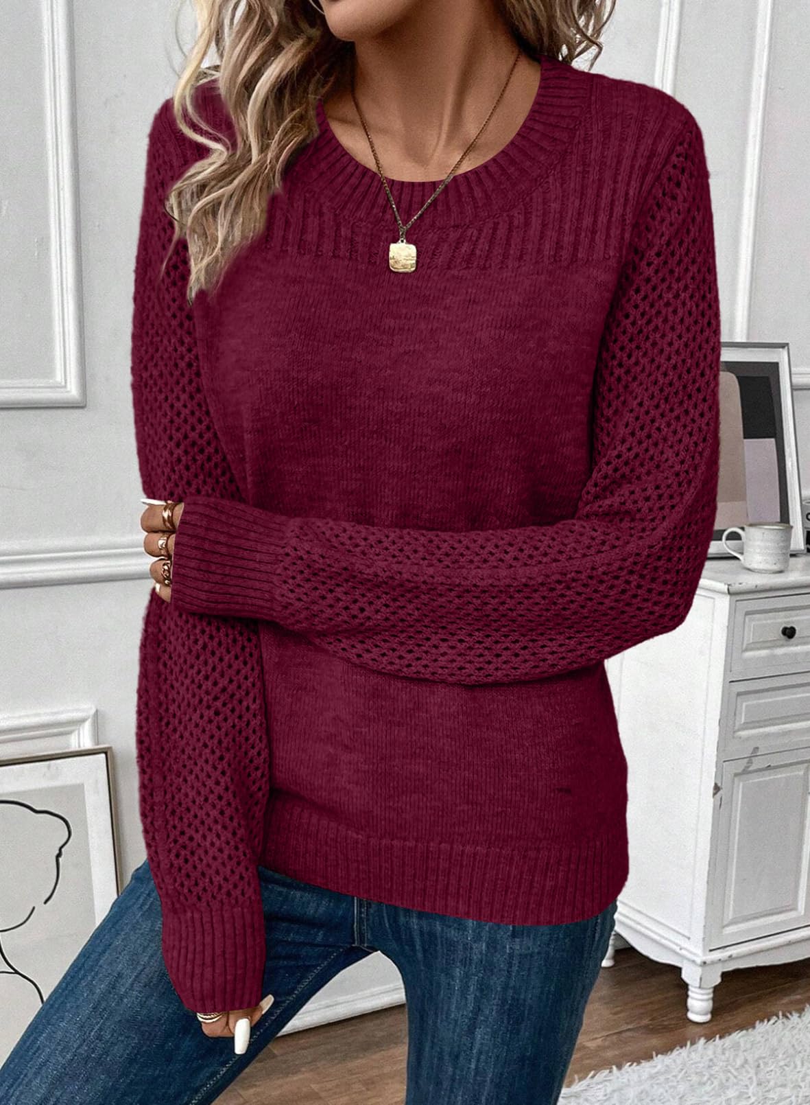 Foto 5 pulgar | Jersey Evaless De Punto Trenzado Extragrande Para Mujer, Color Burdeos - Venta Internacional.