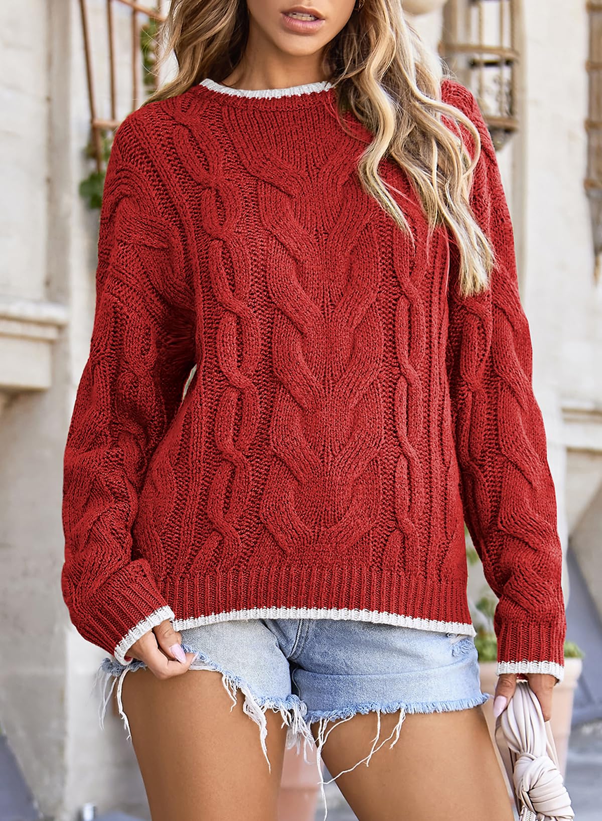 Foto 2 | Suéteres Evaless Otoño 2024 Cuello Redondo Color Block Mujer Rojo S - Venta Internacional.