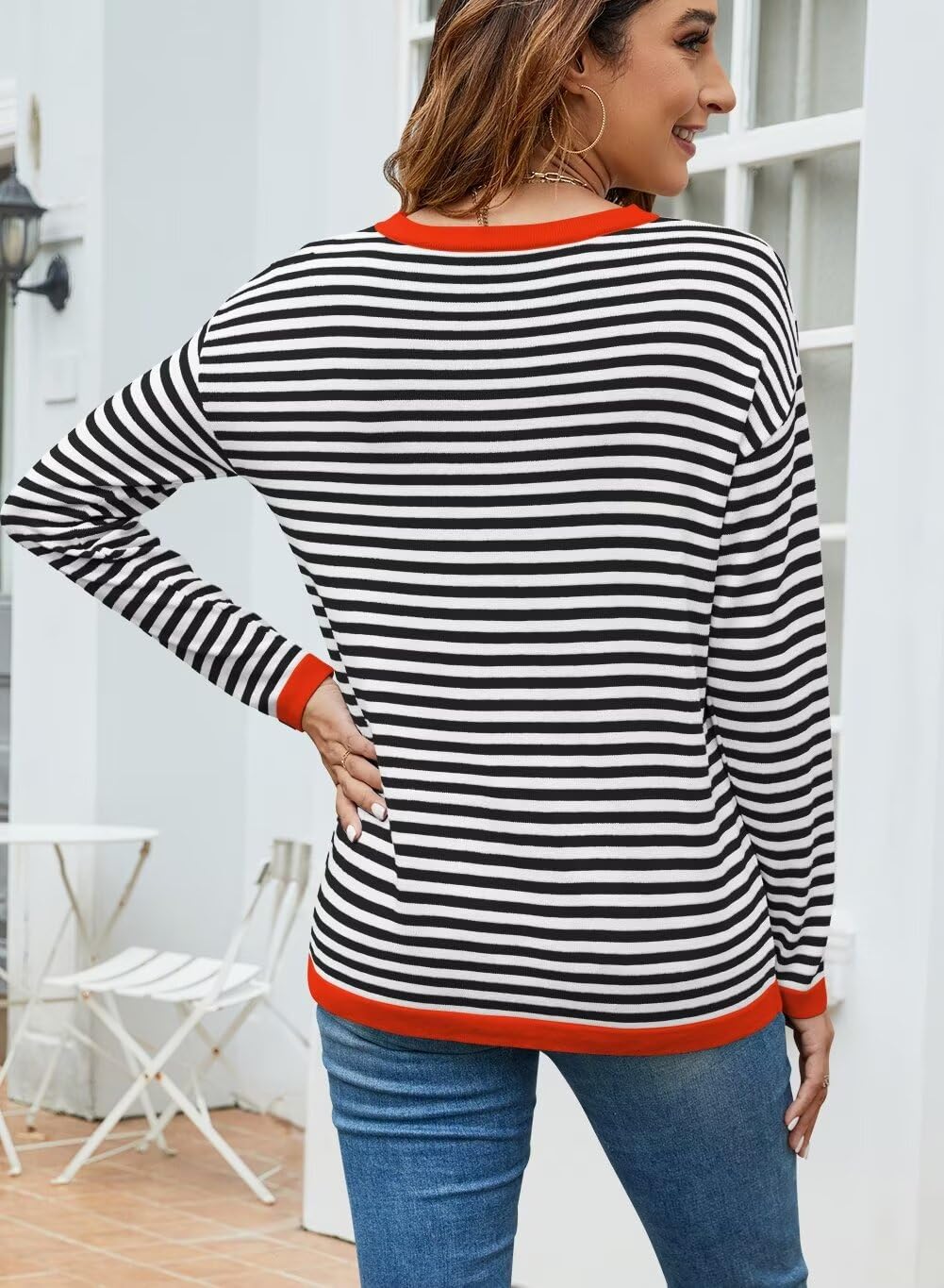 Foto 4 pulgar | Suéter Qacohu A Rayas Para Mujer 2024, Casual, Holgado, Negro, L - Venta Internacional.
