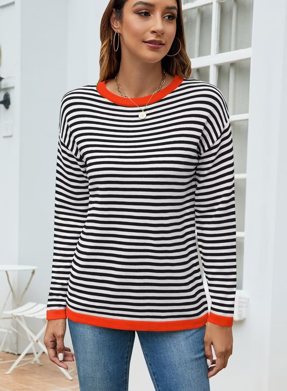 Foto 4 | Suéter Qacohu A Rayas Para Mujer 2024, Casual, Holgado, Negro, L - Venta Internacional.