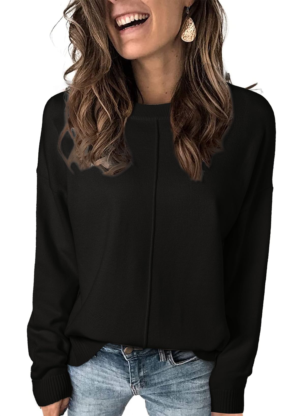 Jersey Evaless Para Mujer, Casual, Cuello Redondo, Acanalado, Holgado, Negro, L - Venta Internacional.